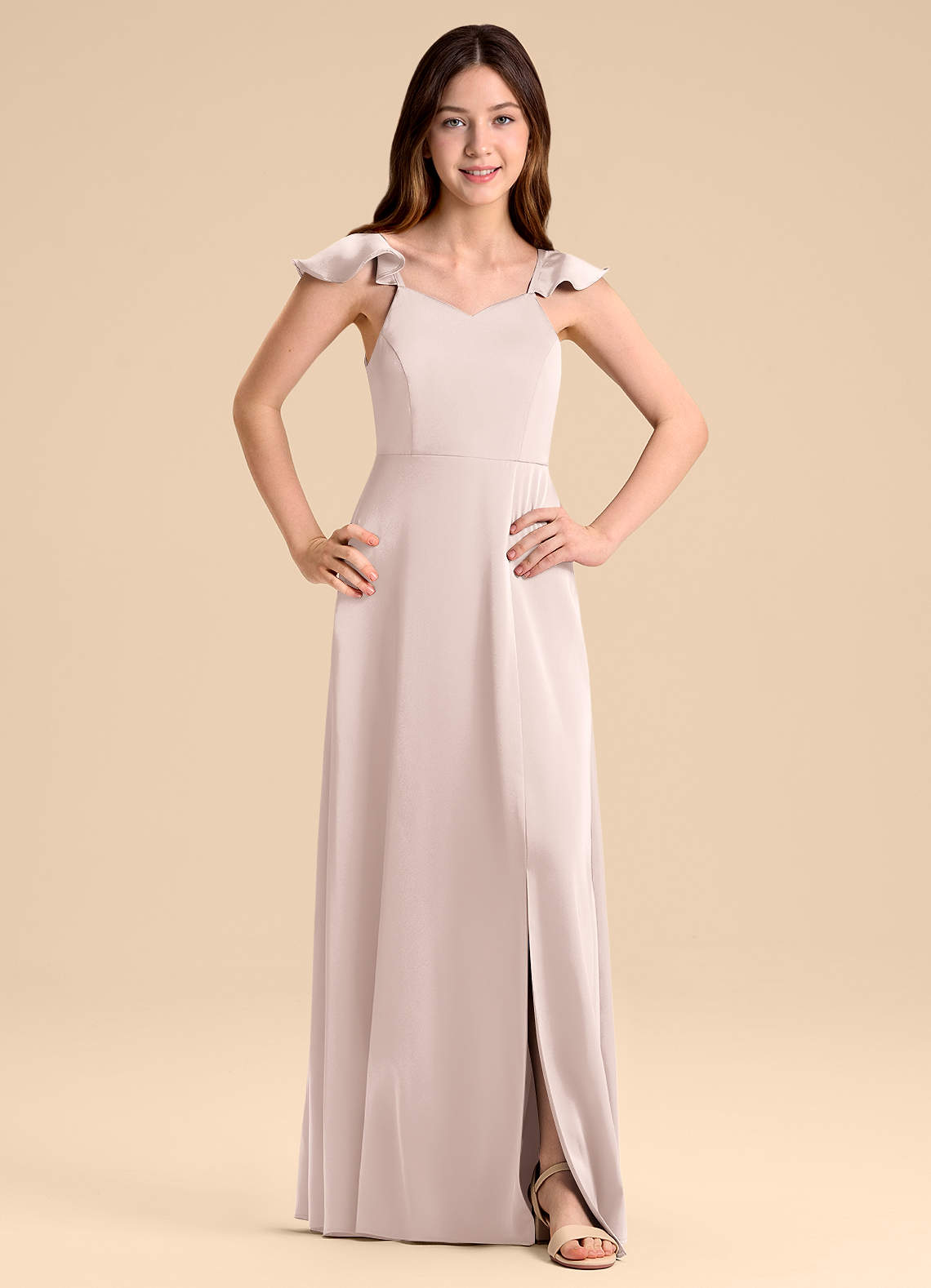 Azazie Everett Junior Vestido de Rosa Rubor de Satén Elástico de Corte en A con Lazo image1