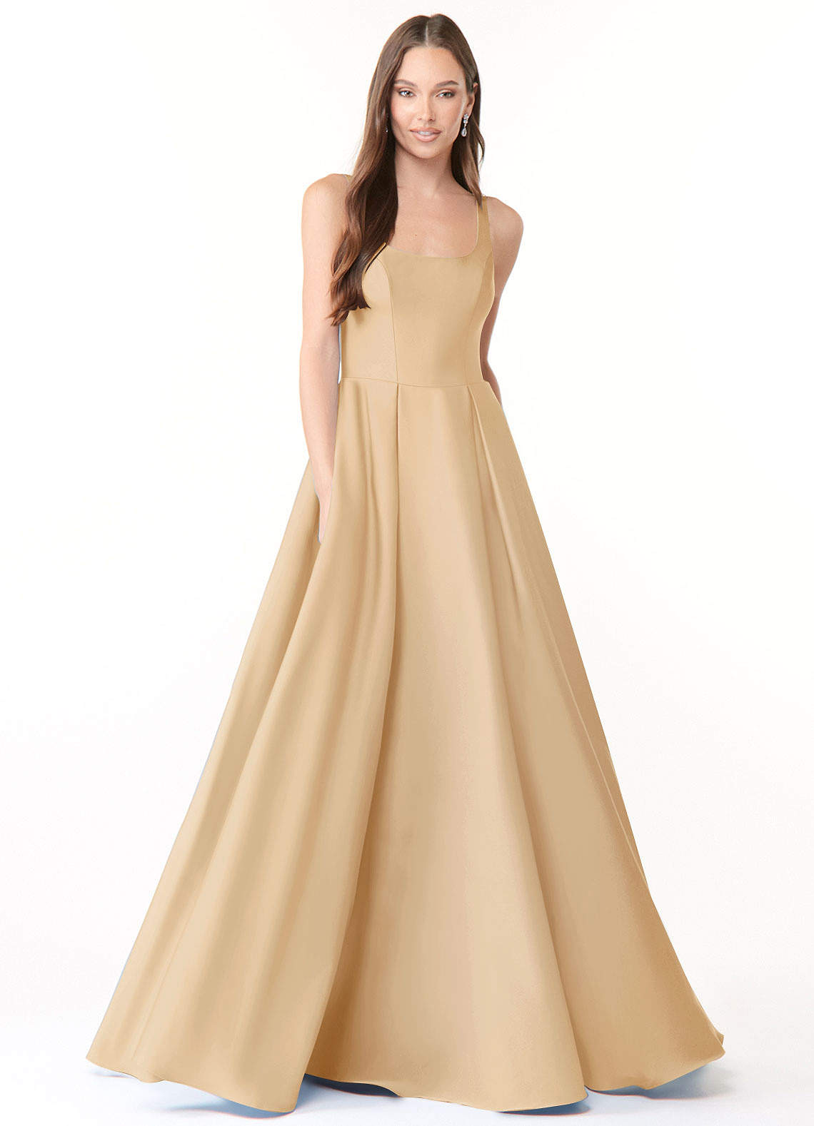 Azazie Neve Vestidos de damas de honor Vestido de Oro de Satén Elástico de Corte Princesa con Con bolsillos image1