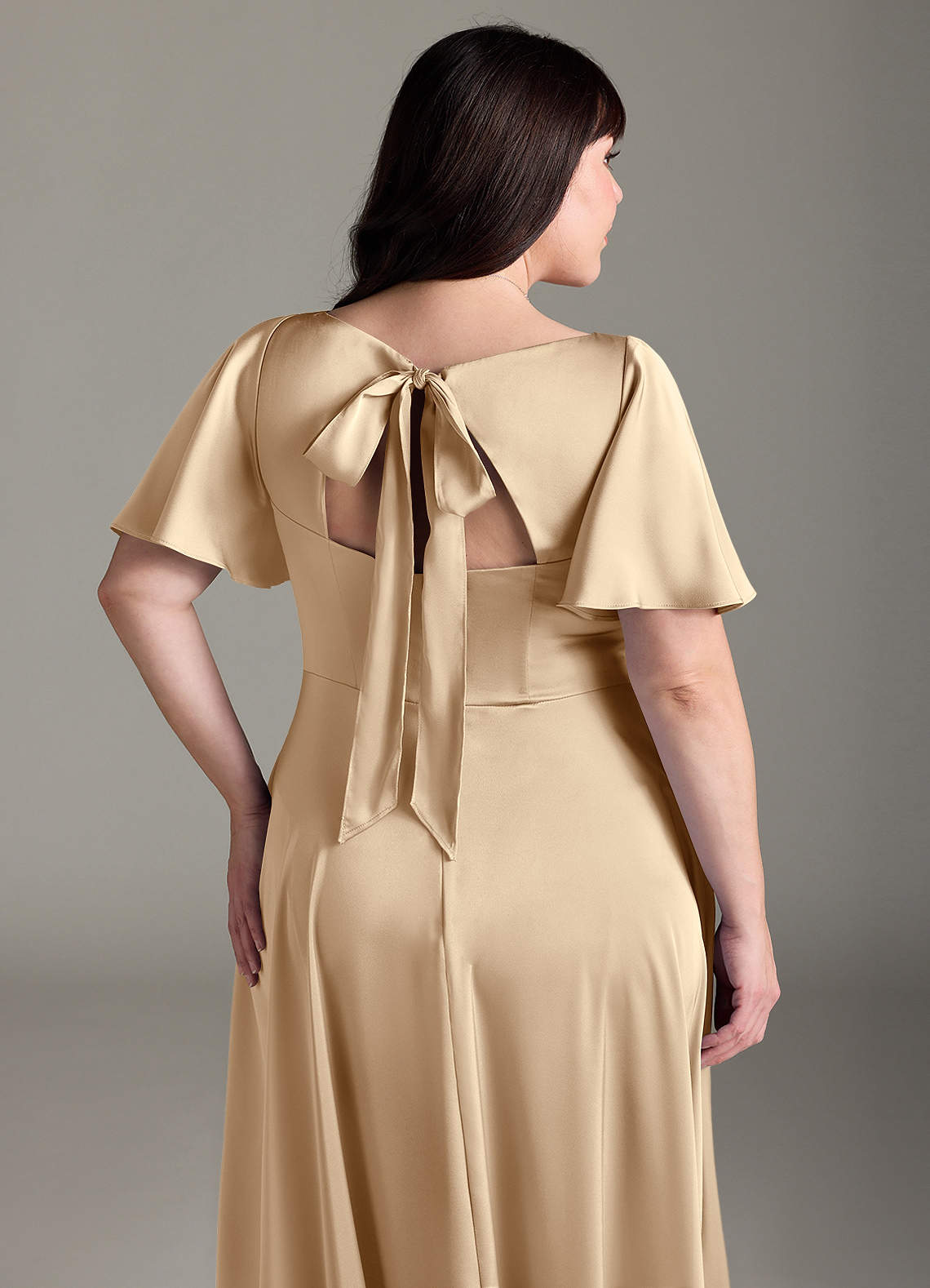 Azazie Kimber Bridesmaid Dresses Champagne A-Line Ruched Stretch Satin Dress image11