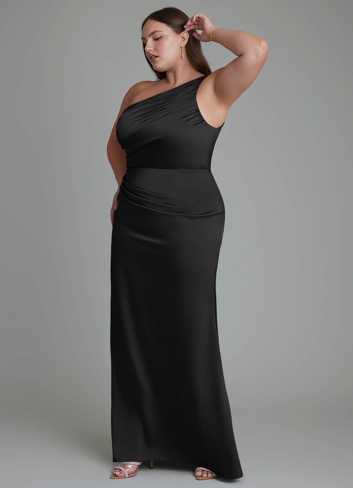 Azazie Akilah Bridesmaid Dresses Black Mermaid One Shoulder Stretch Satin Dress image11