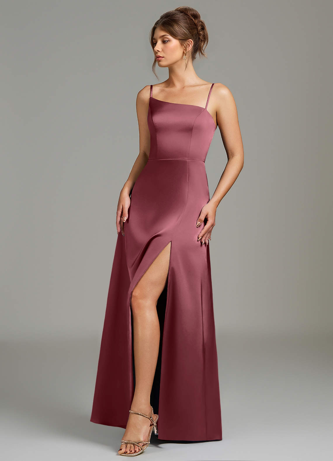desert rose bridesmaid dresses satin Azazie Clarke Stretch Style:BM10822L -One Shoulder
