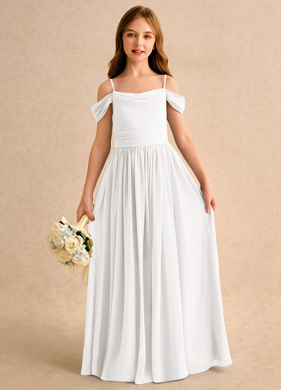 Azazie Shia Girls Formal Flower Girl Dresses Ivory A-Line Off the Shoulder Chiffon Dress image1