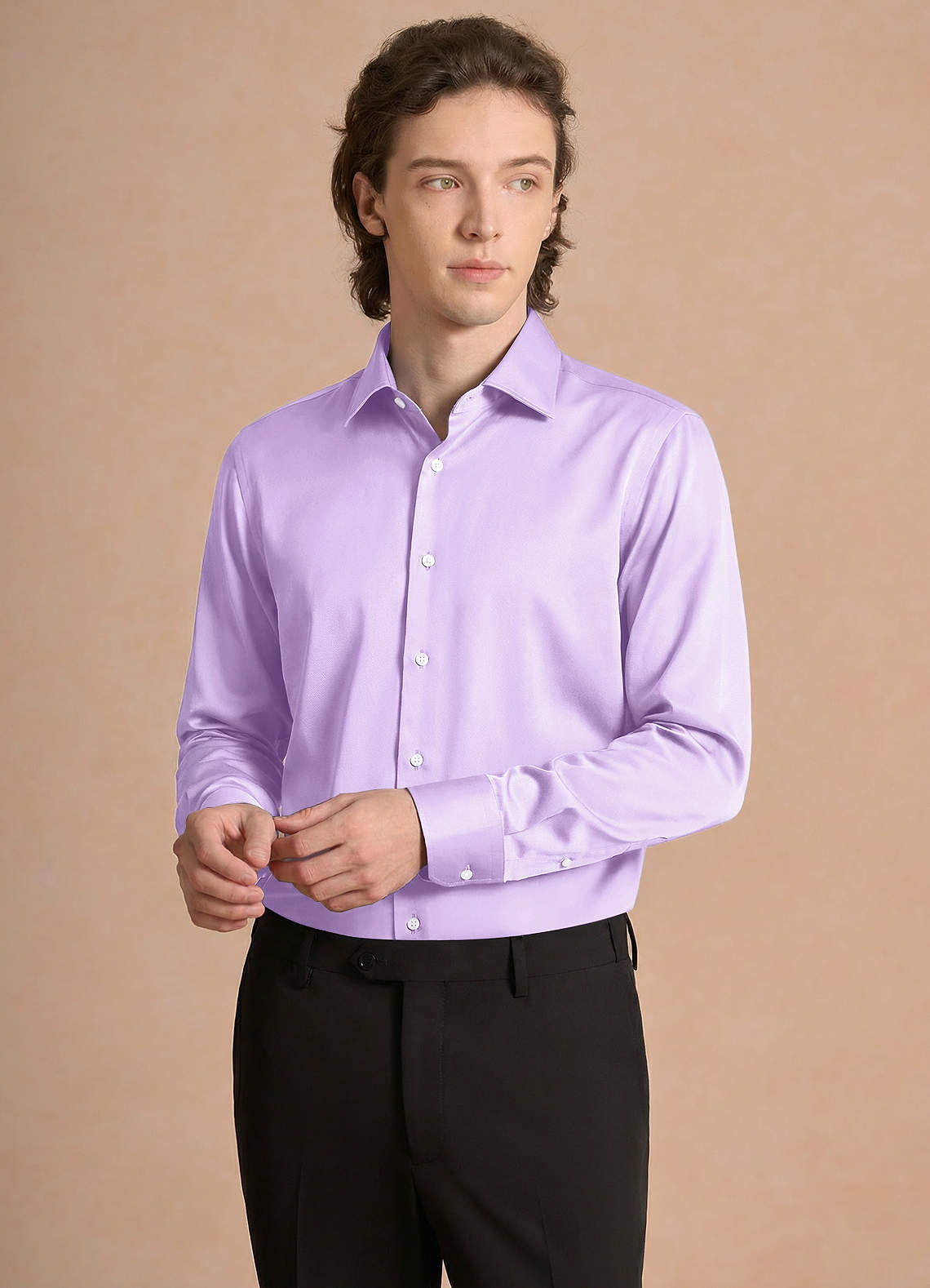 front Julian 라일락 스트레치 새틴 드레스 셔츠