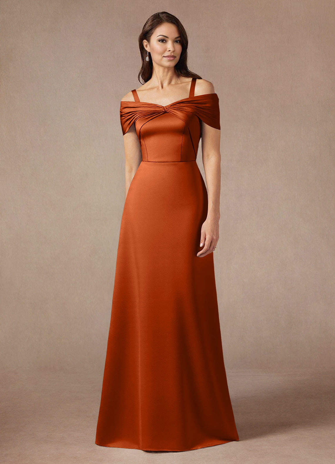 Azazie Amelia Vestidos para mãe da noiva Vestido Laranja Queimada de Cetim elástico de Linha A com Fora do ombro image1