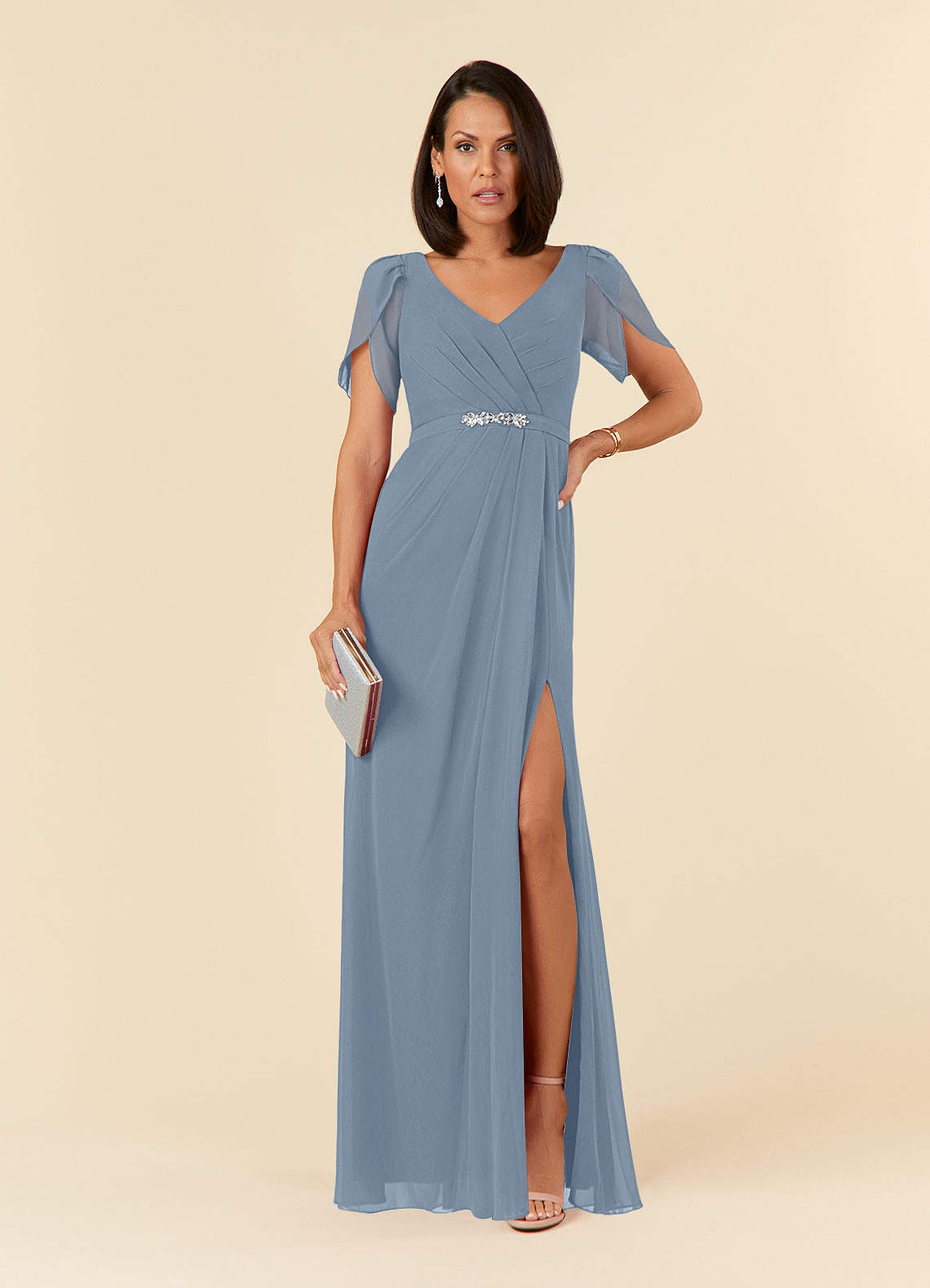 Azazie Marianne Mother of the Bride Dresses Dusty Blue Sheath V-Neck Pleated Chiffon Dress image1