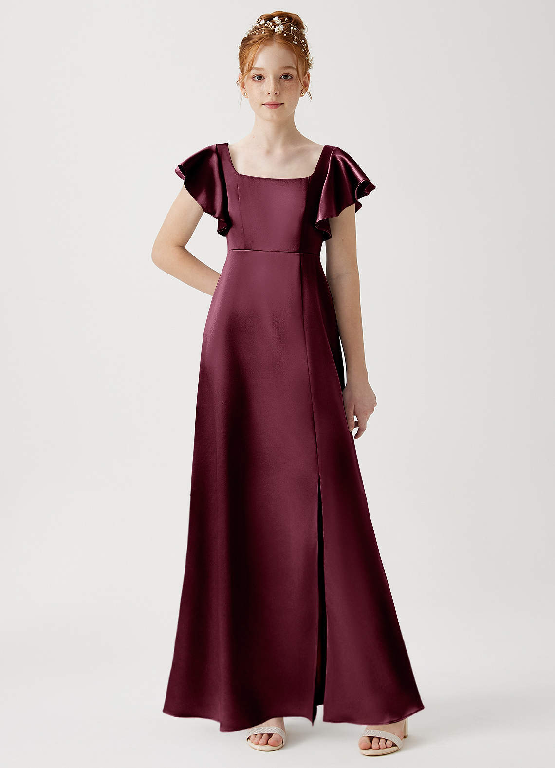 Azazie Bondi Junior Cabernet A-Line Side Slit Metallic Satin Dress image1
