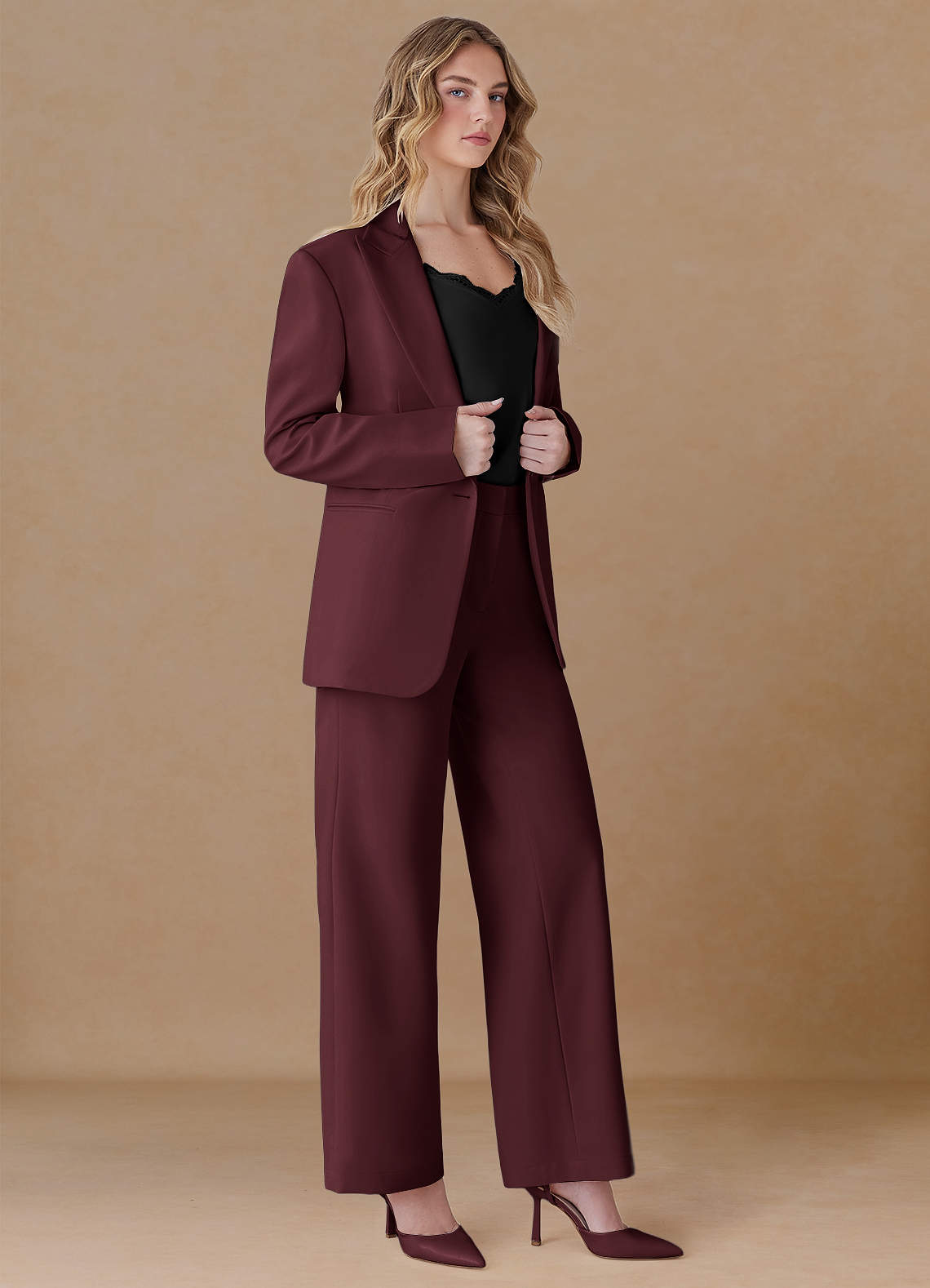 front Amelia Cabernet Refined Weave Performance Oversized Blazer