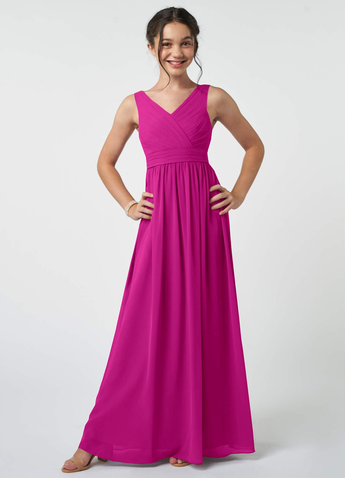 Azazie Kora Junior Jurk van Chiffon met A-Lijn Geplooid Fuchsia image1