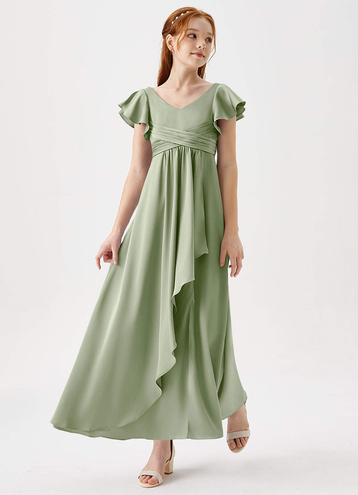 Azazie Omari Junior Vestido de Salvia Polvorienta de Satén Elástico de Corte En A con Plisado image1