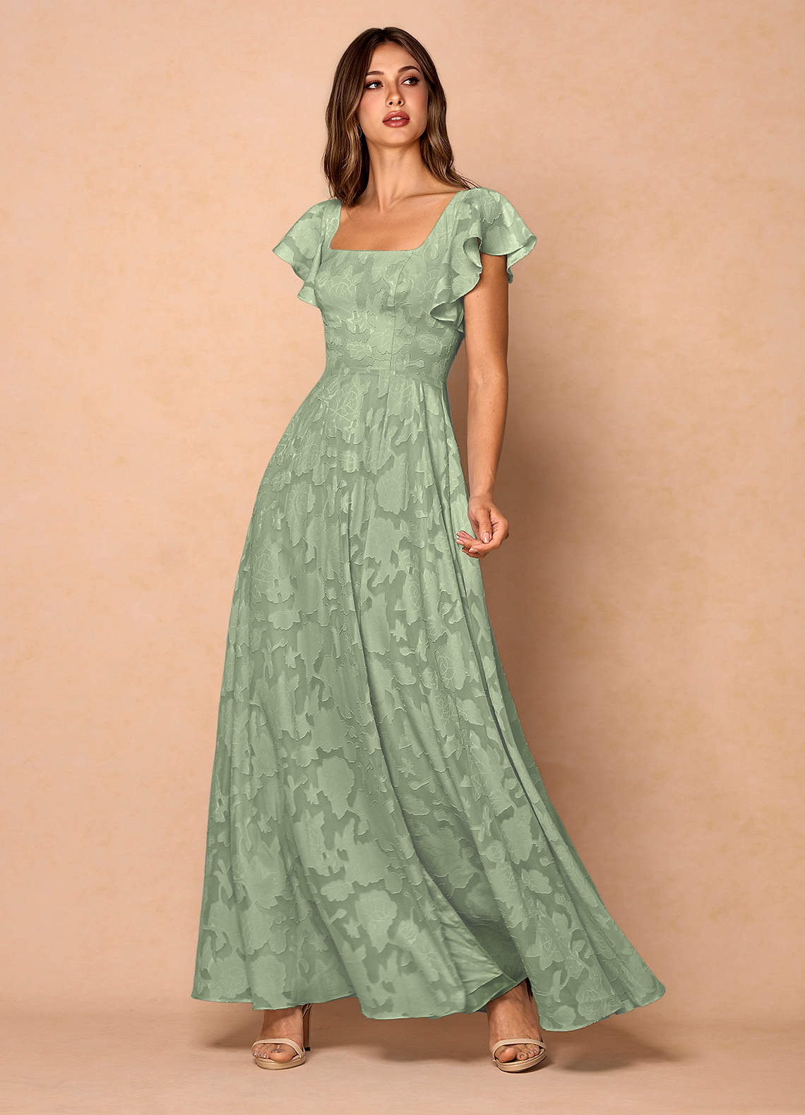Azazie Floor-Length Maxi Dresses A-Line Wedding Guest Formal Dresses Square Ruffles Agave Green