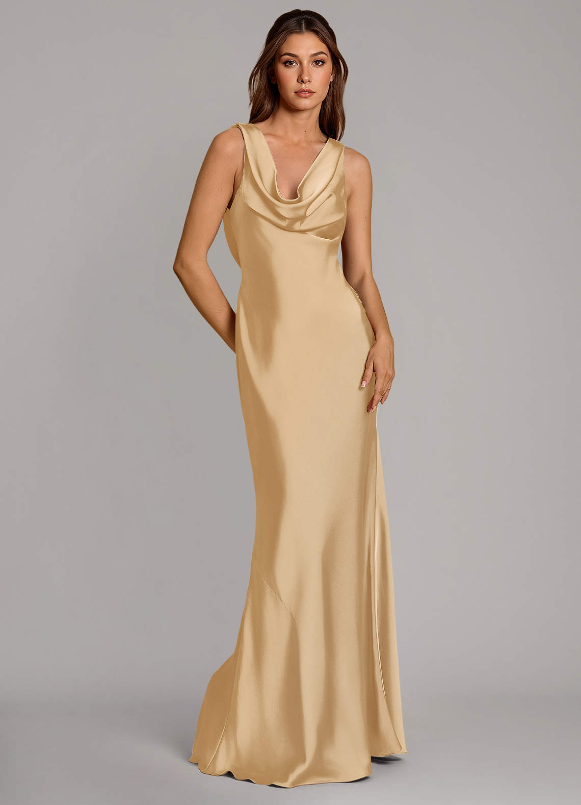Azazie Cheryl Vestidos de damas de honor Vestido de Oro de Satén Elástico de Corte Sirena image4