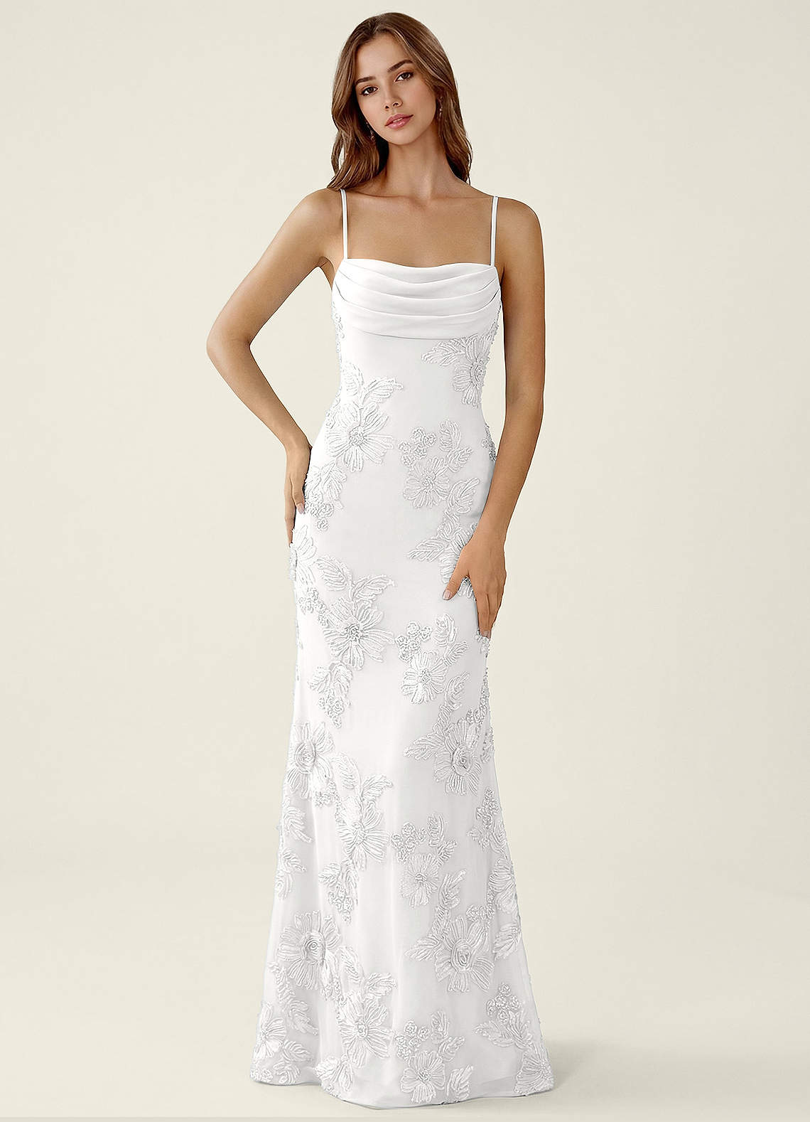 Azazie White Corset 3D Flowers Spaghetti Strap Formal Dress