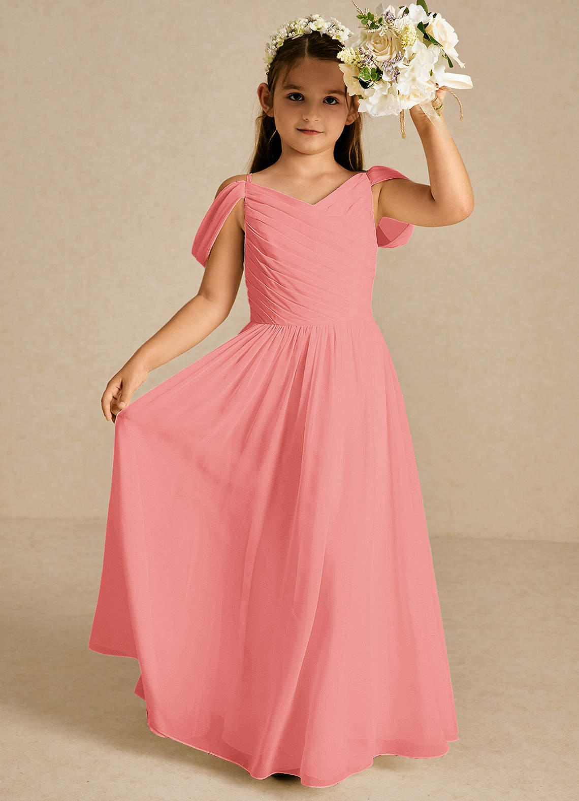 Azazie Chelle Blumenmädchenkleider A-Linie Plissee Chiffon Kleid Koralle image1