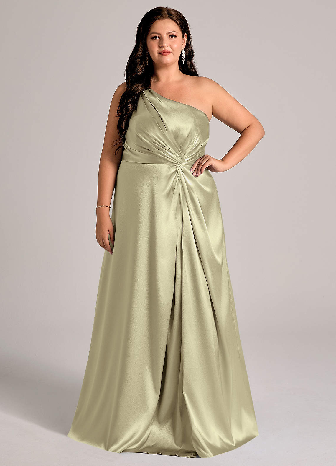 Azazie Brooke Moss Green Metallic Satin Bridesmaid Dresses | Azazie