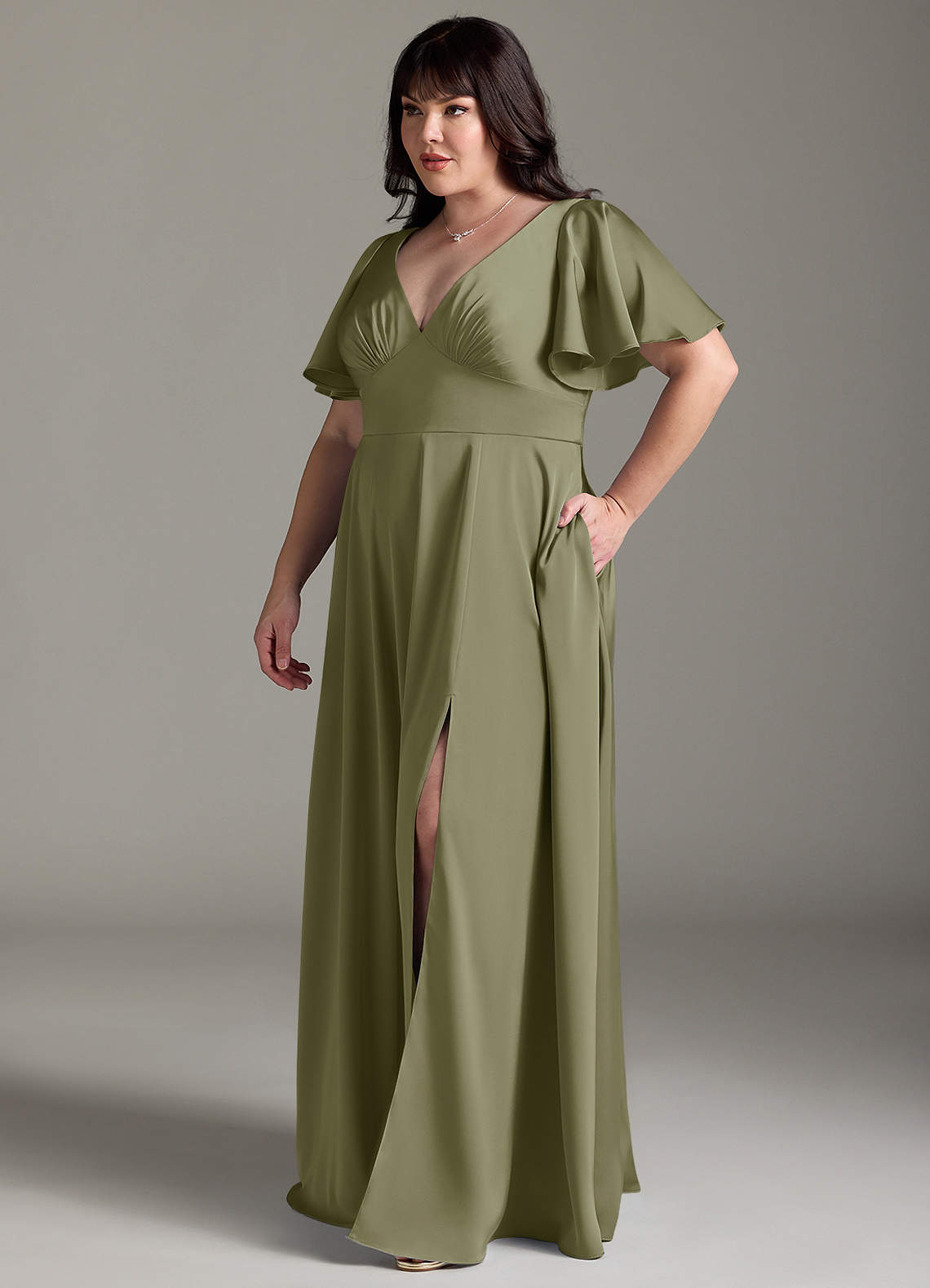 Azazie Kimber Brudtärnklänningar Klä av A-Linje i Stretch Satin Rynkad Pistasch image9