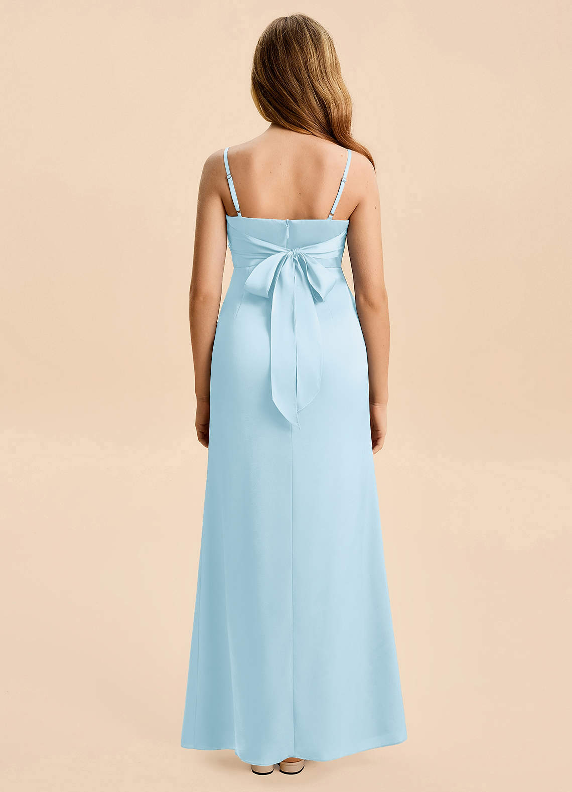 Azazie Christen Junior Linia A Pofałdowany Satyna elastyczna Długość podłogi Młodsza druhna Sukienka image1