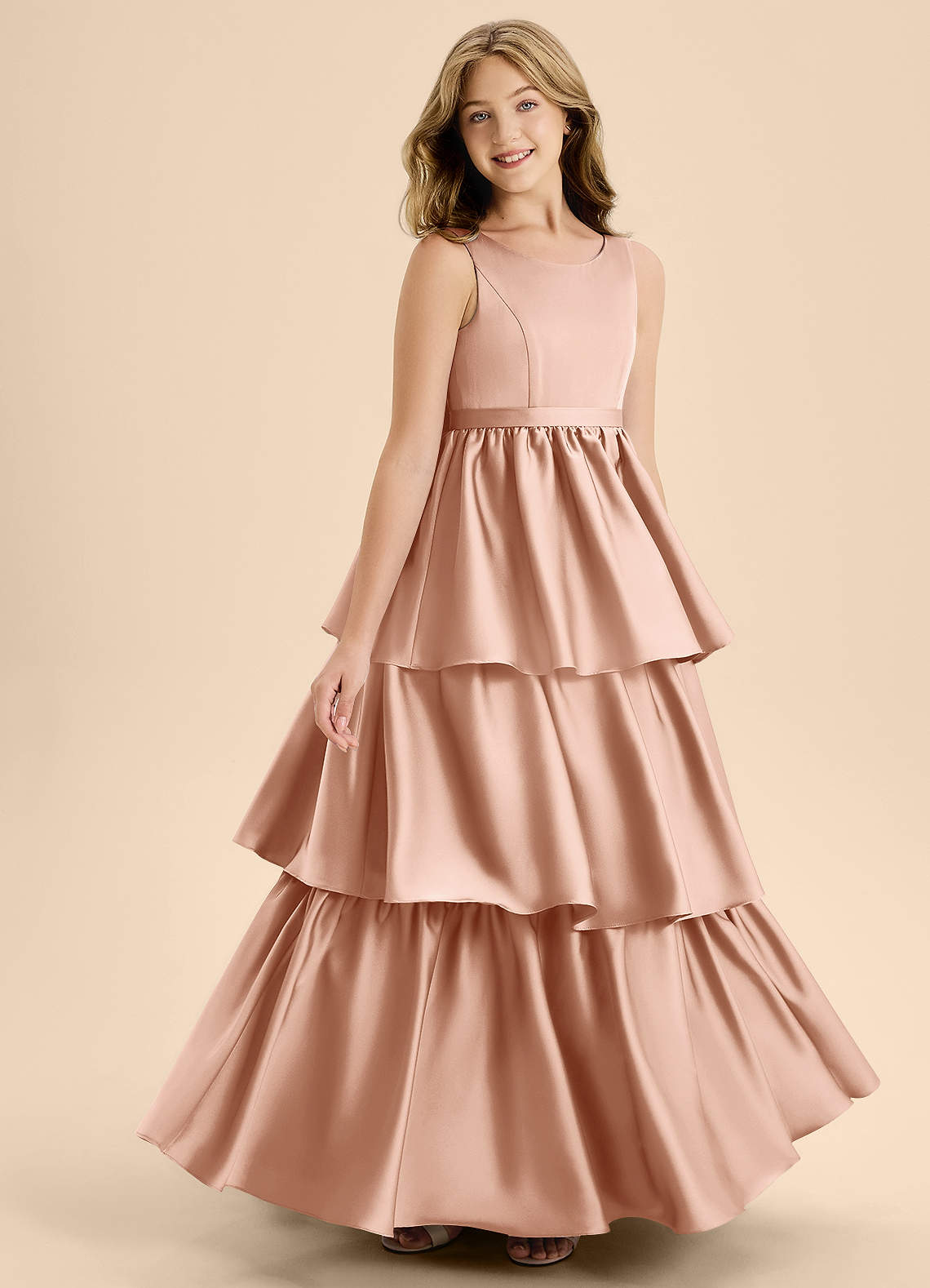 Azazie Meadowyn Junior Abito A-Line in Raso Elasticizzato Fiocco Oro Rosa image2
