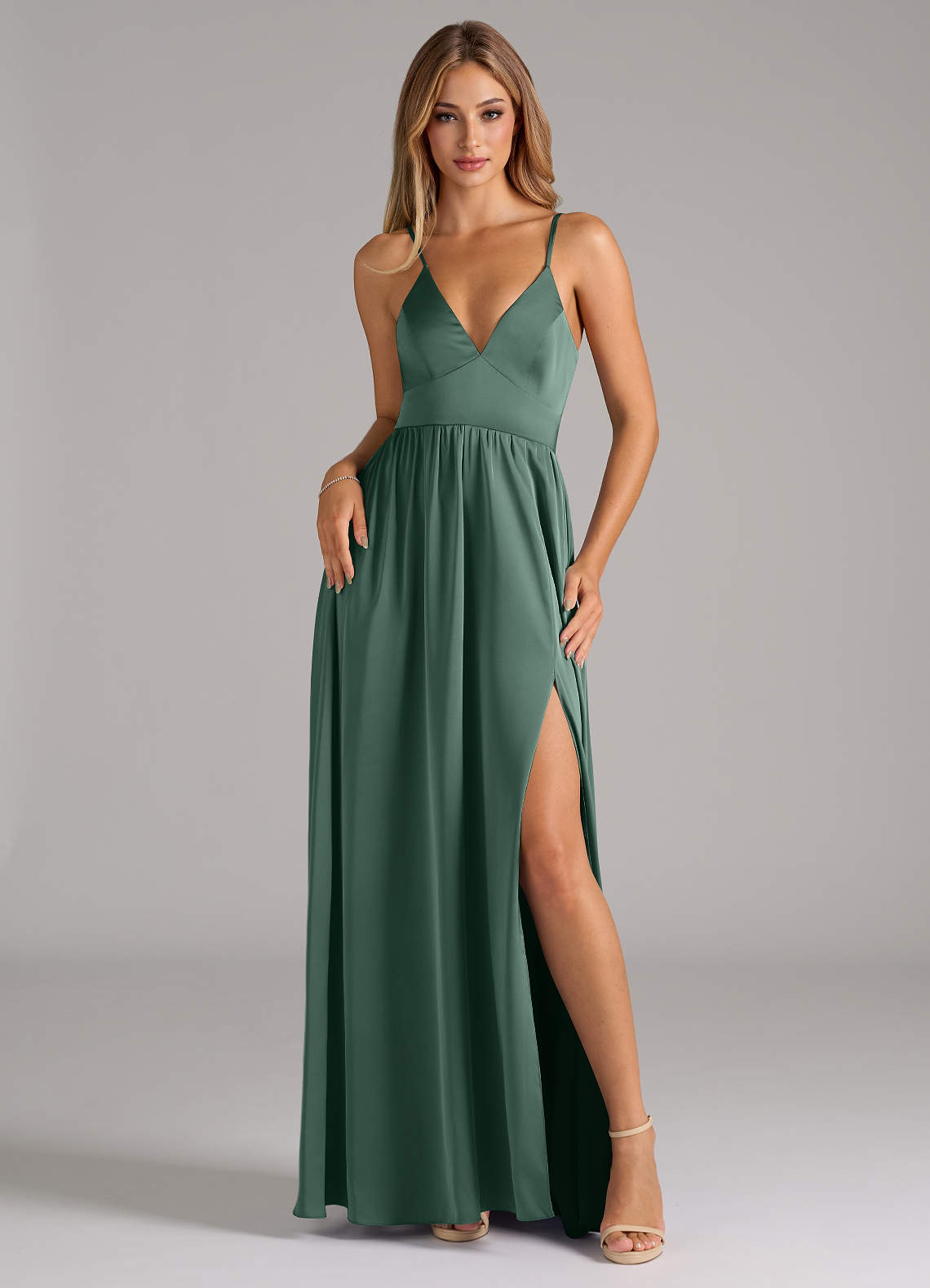 Azazie Aaida Brautjungfernkleider A-Linie Korsett Stretch-Satin Kleid Eukalyptus image1