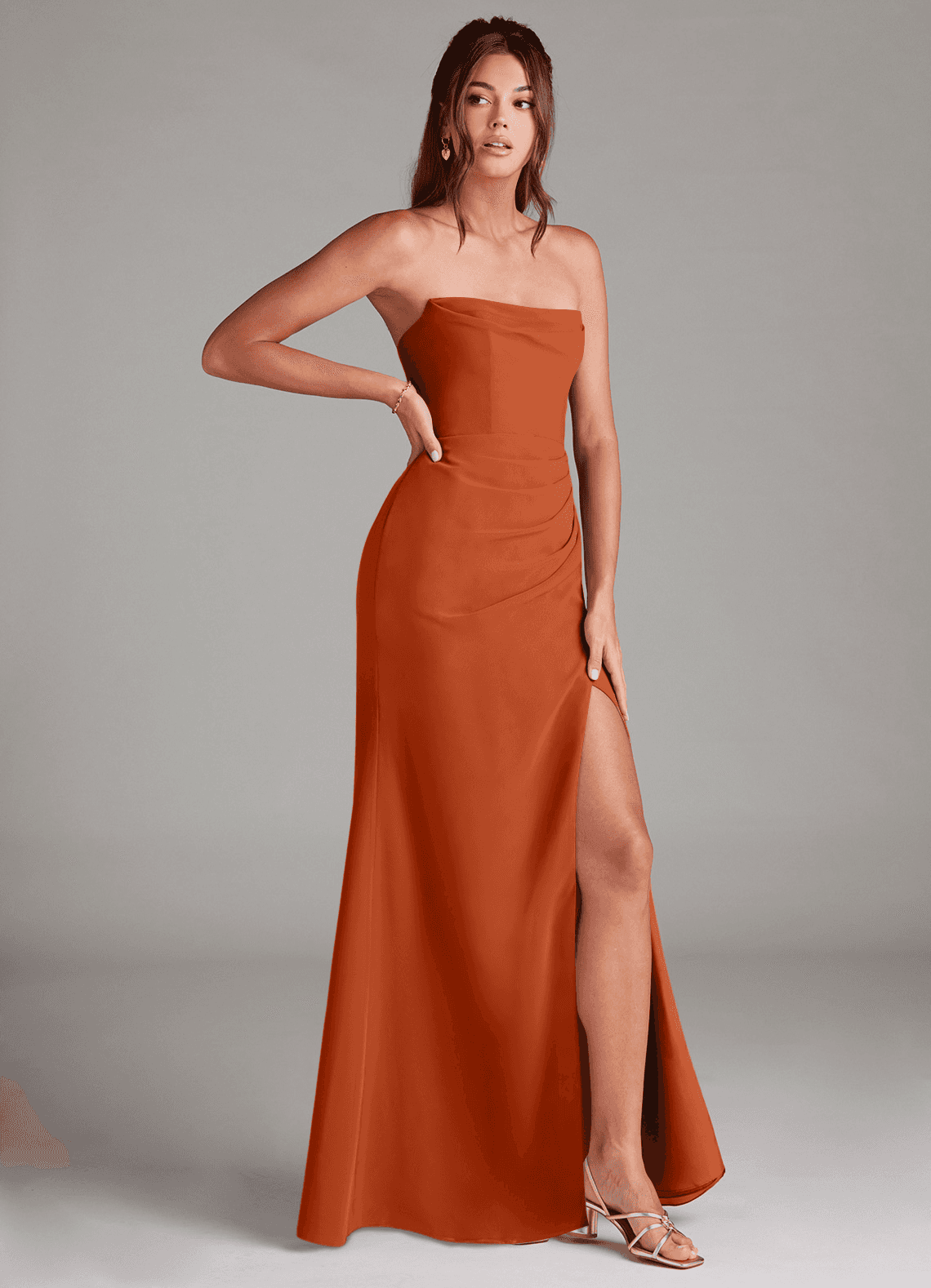 Azazie Leonis Vestidos de madrinha de casamento Vestido Laranja Queimada de Chiffon de Bainha com Sem alças image7