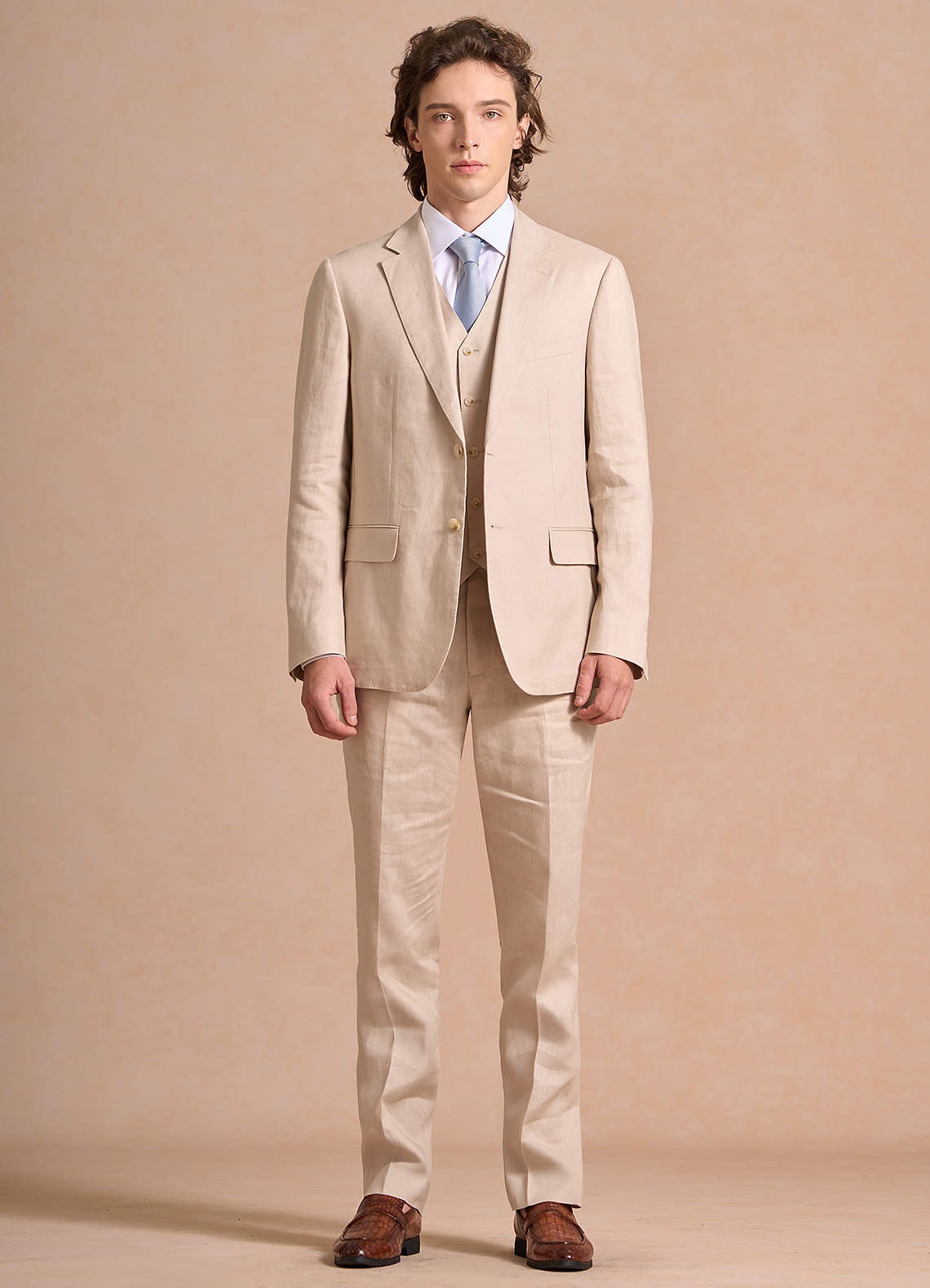 front Harrison Tan 100% Linen 3-Piece Suit