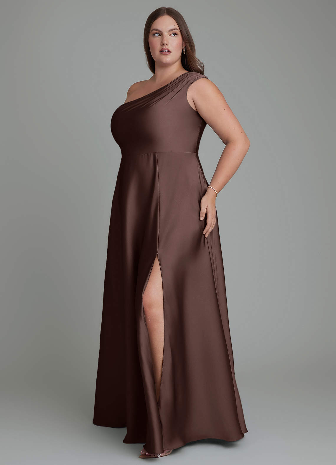 Azazie Melanie Bridesmaid Dresses Ganache A-Line Off the Shoulder Stretch Satin Dress image10