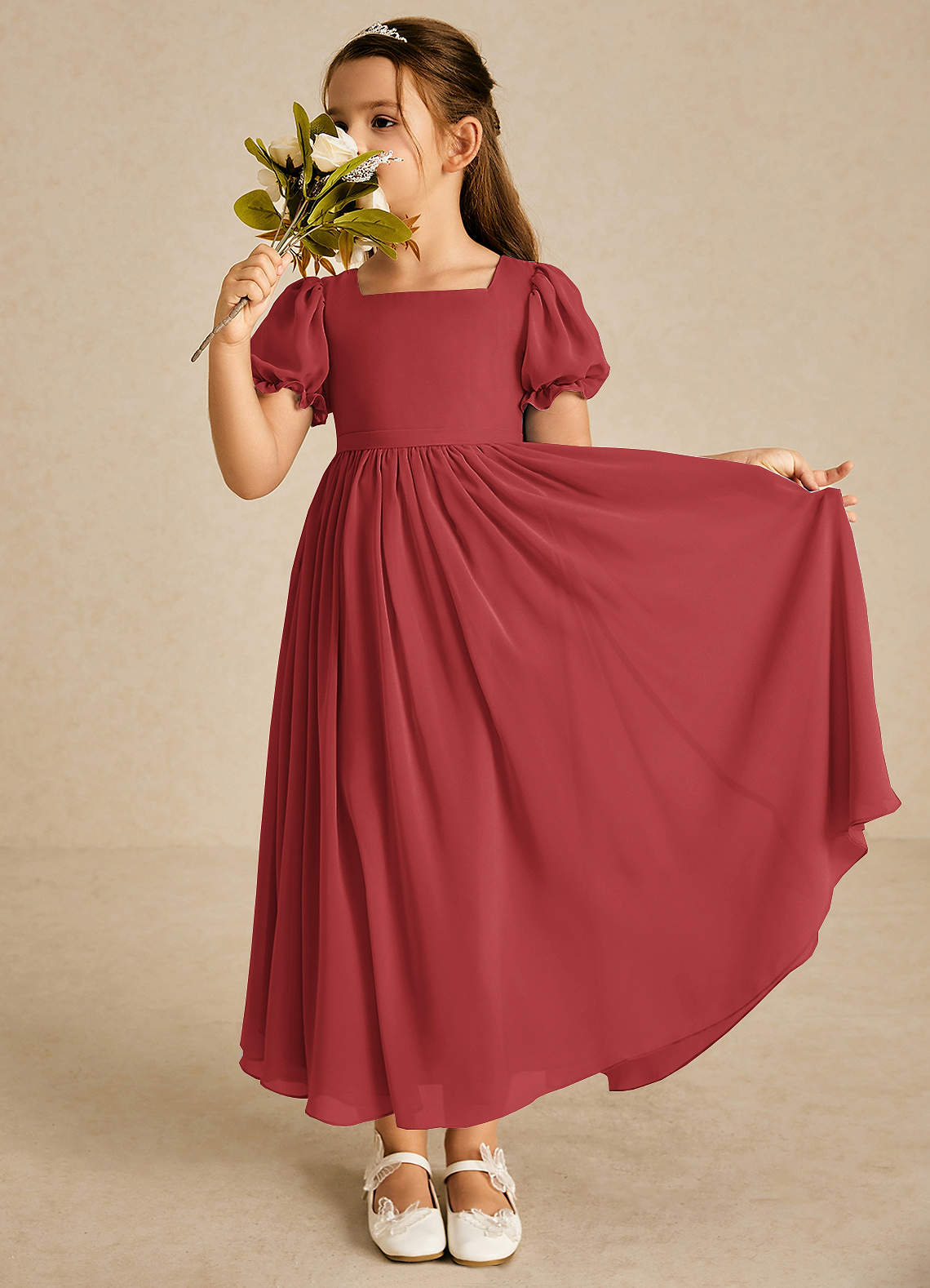 Azazie Joss Flower Girl Dresses Rust A-Line with Sleeves Chiffon Dress image1