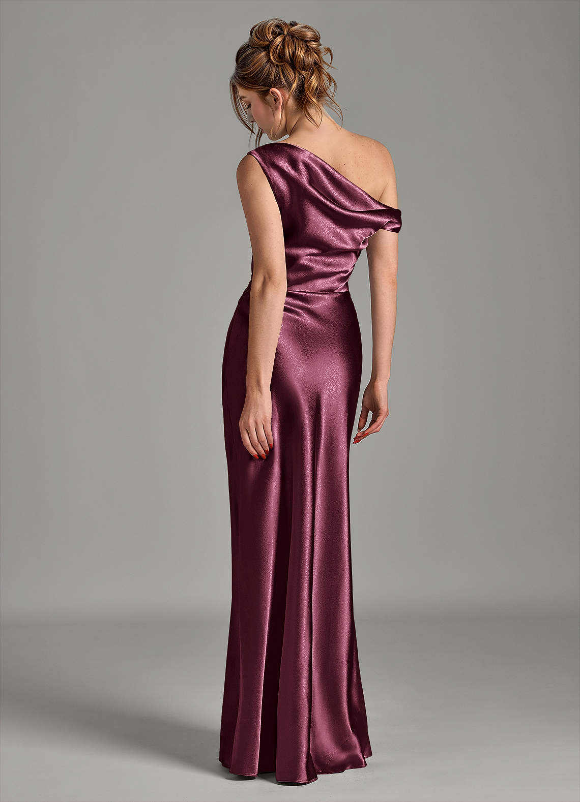 Azazie Emerson Bridesmaid Dresses Cabernet Mermaid Off the Shoulder Metallic Satin Dress image1