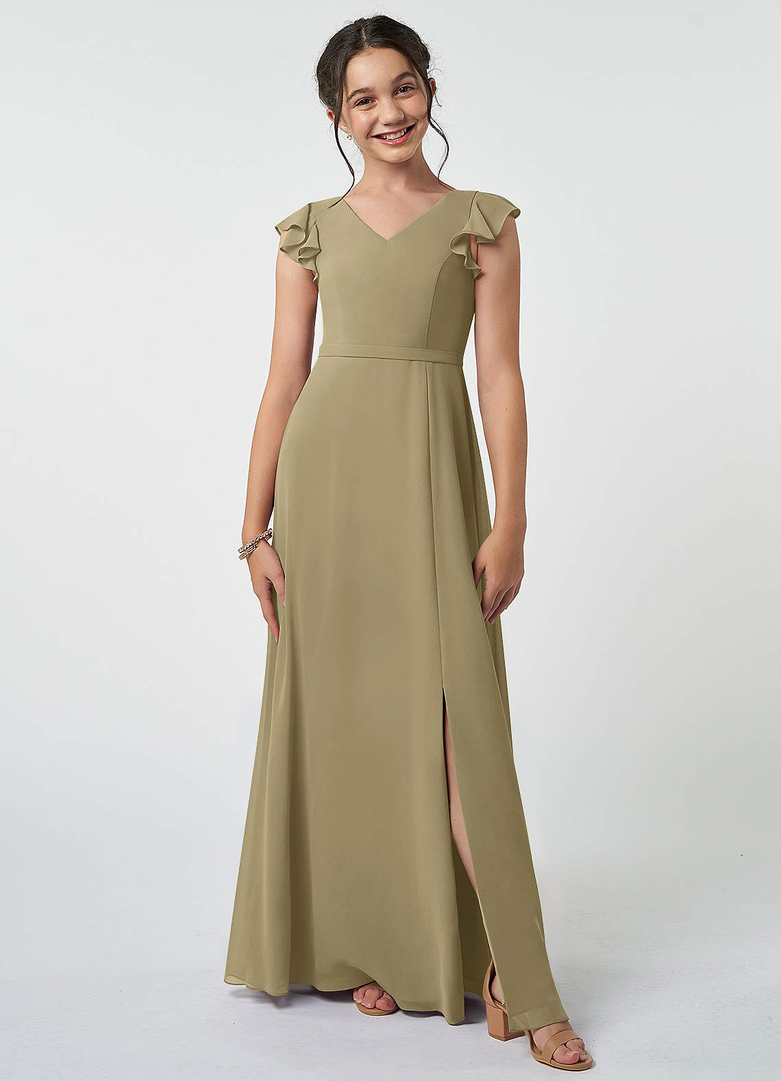 Azazie Claudine Junior Moss Green A-Line Pleated Chiffon Dress image1