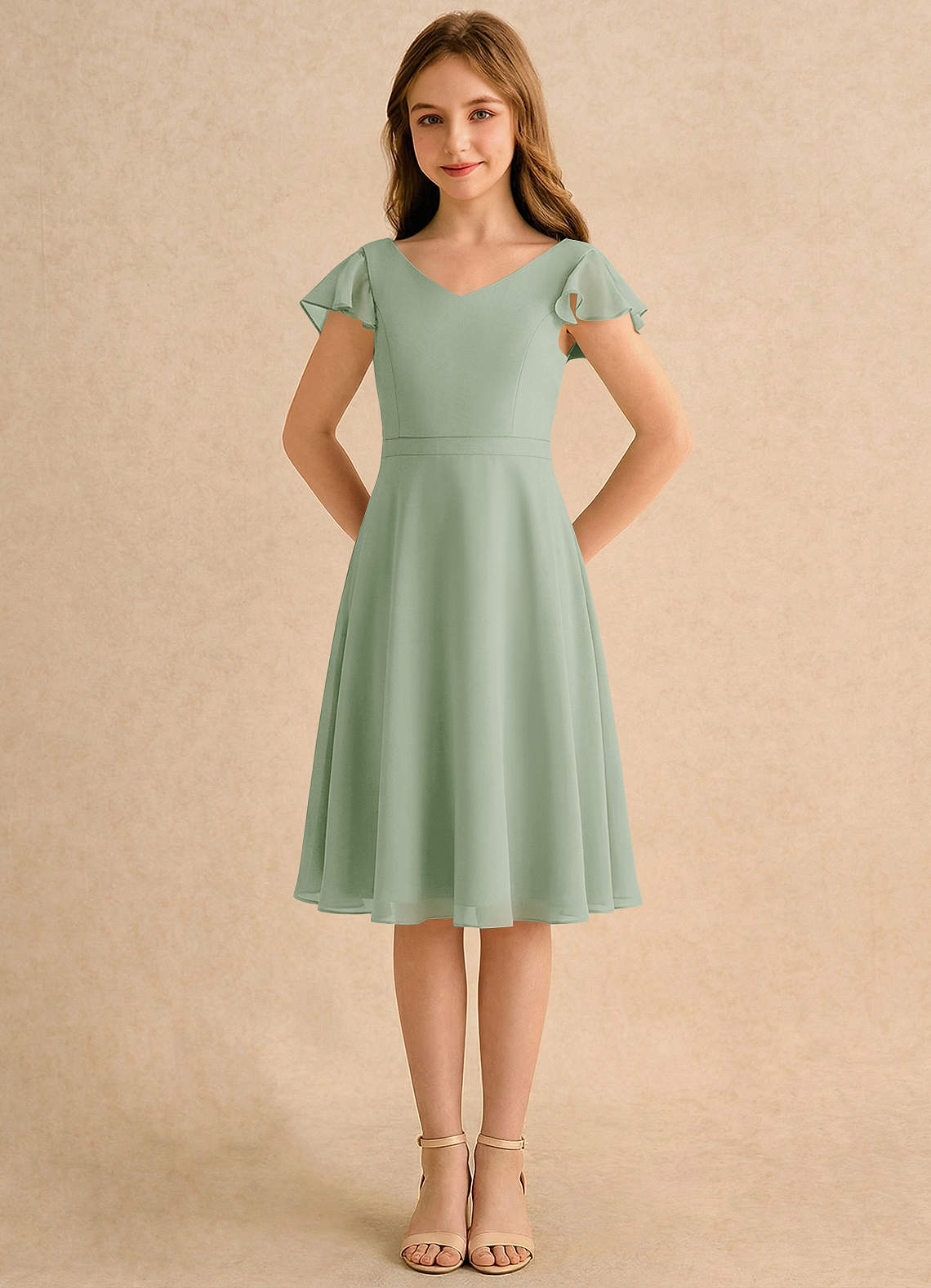 Azazie Narin Girls Formal Flower Girl Klänningar Klä A-Line i Chiffong med ärmar image4