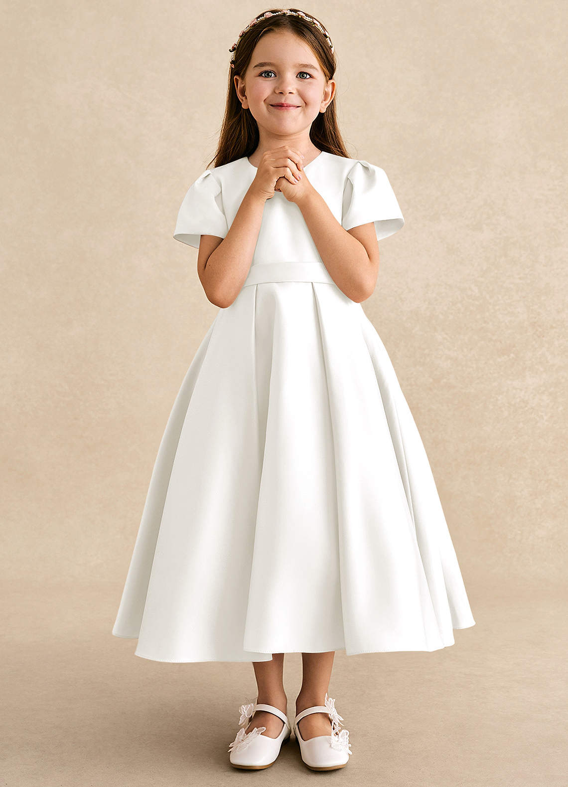 Azazie Princess Flower Girl Dresses Ivory A-Line Pleated Matte Satin Dress image3