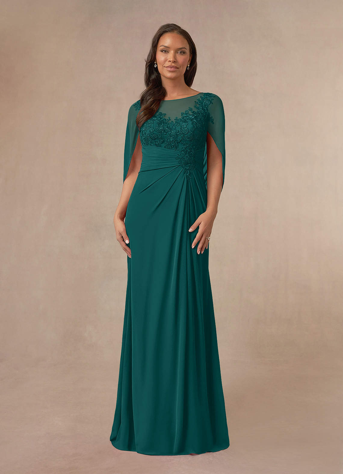 Azazie Hera Mother of the Bride Dresses Peacock A-Line Lace Capelet Chiffon Dress image1
