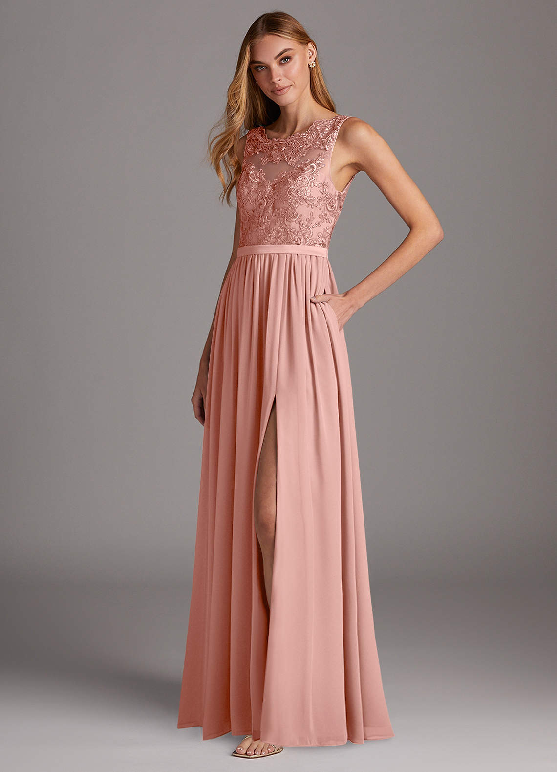 chinese dress ladies Chiffon Lace A-line Scoop Neck Ribbons Open Back Long Bridesmaid Dresses,  MB166
