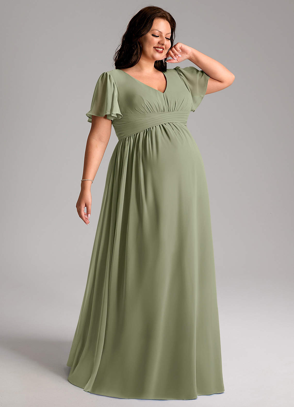 Azazie Verna Kleider zum Anprobieren zu Hause A-Linie V-Hals Gerüscht Chiffon Bodenlänge Kleid image6