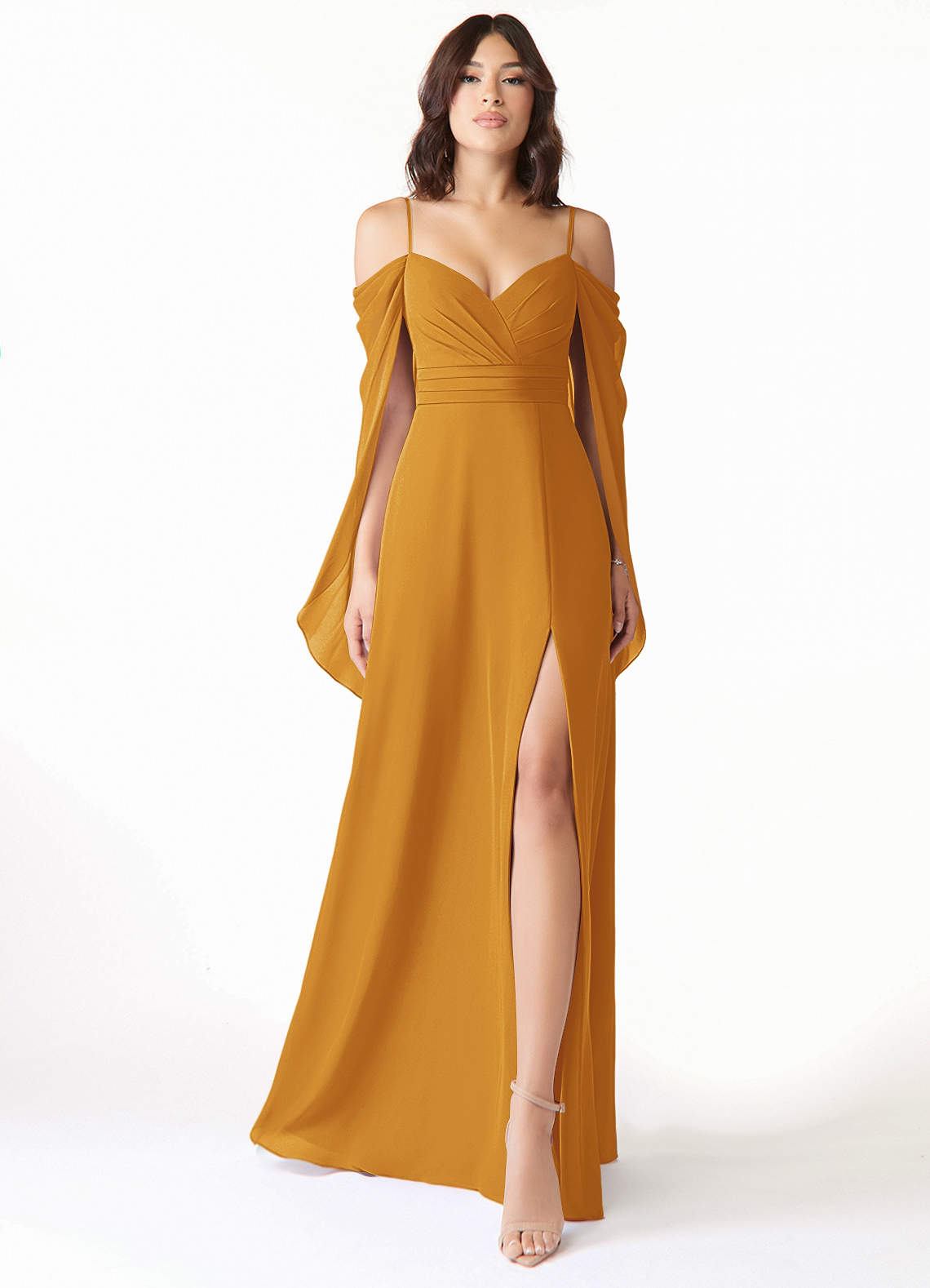 Azazie Cienna Bridesmaid Dresses Butterscotch A-Line Off the Shoulder Chiffon Dress image1