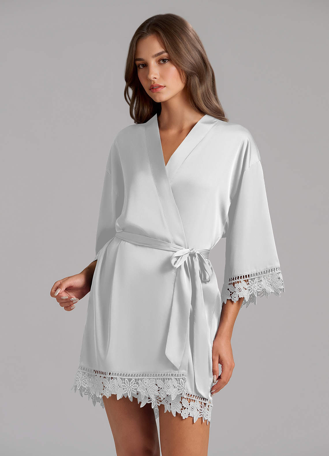 front Matching Color Satin Lace Robe
