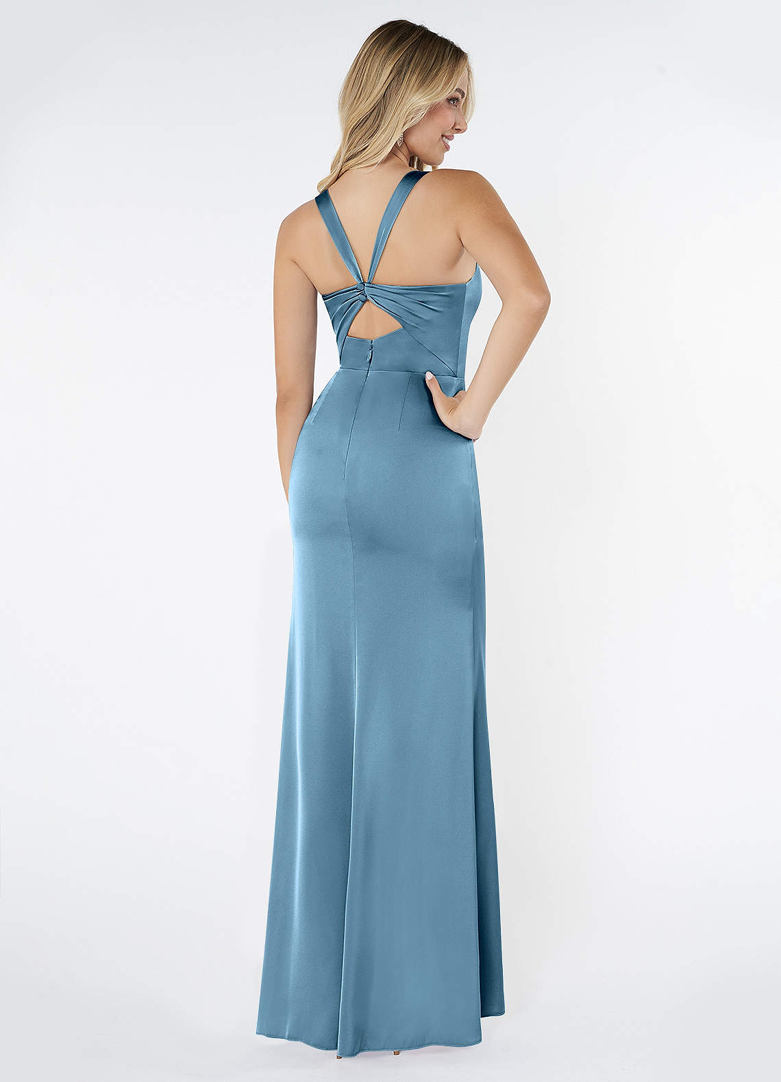 Azazie Mero Bridesmaid Dresses Steel Blue Sheath Pleated Stretch Satin Dress image2