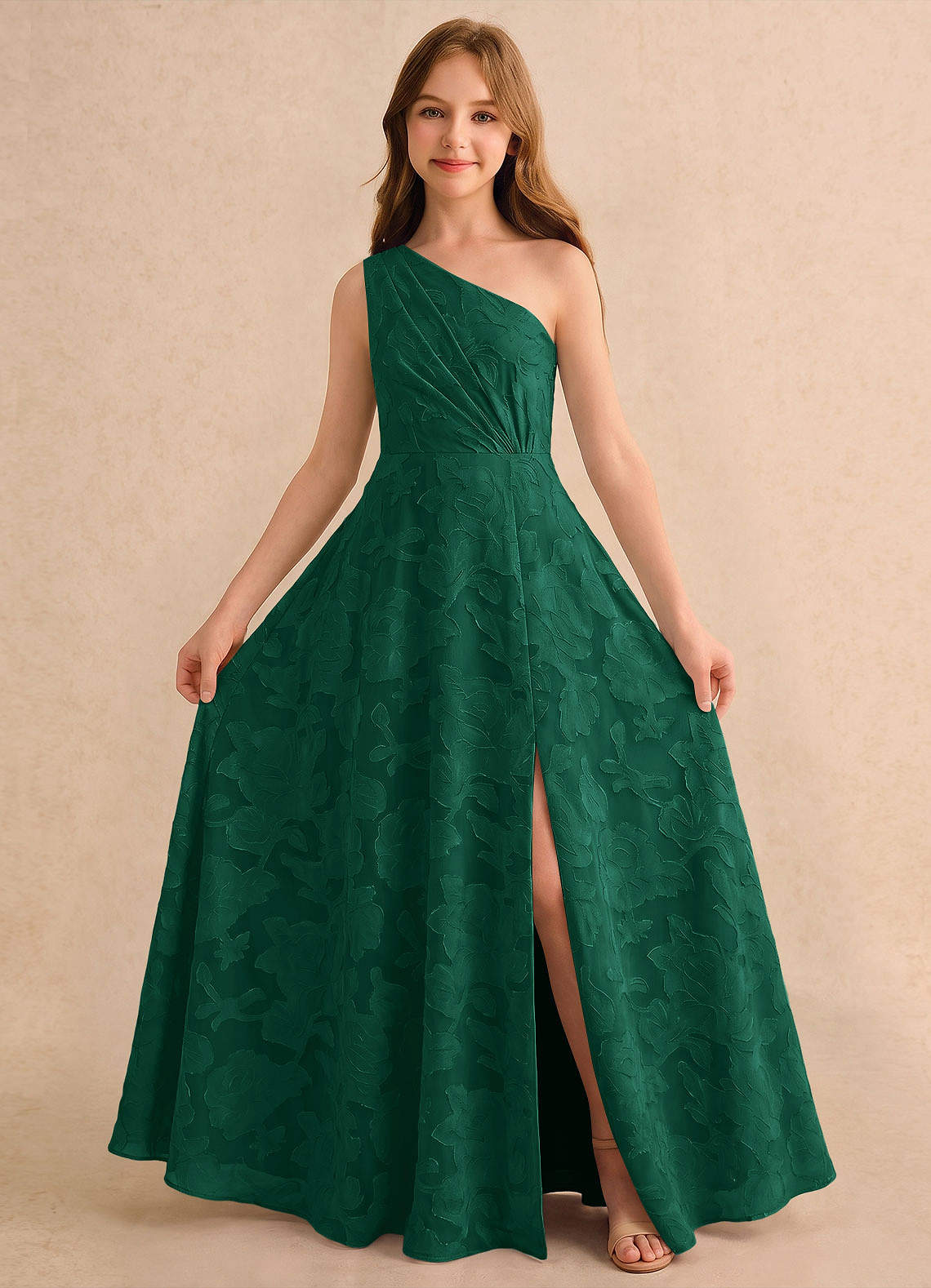 Azazie Pudles Girls Formal Emerald A-Line One Shoulder Floral Burnout Dress