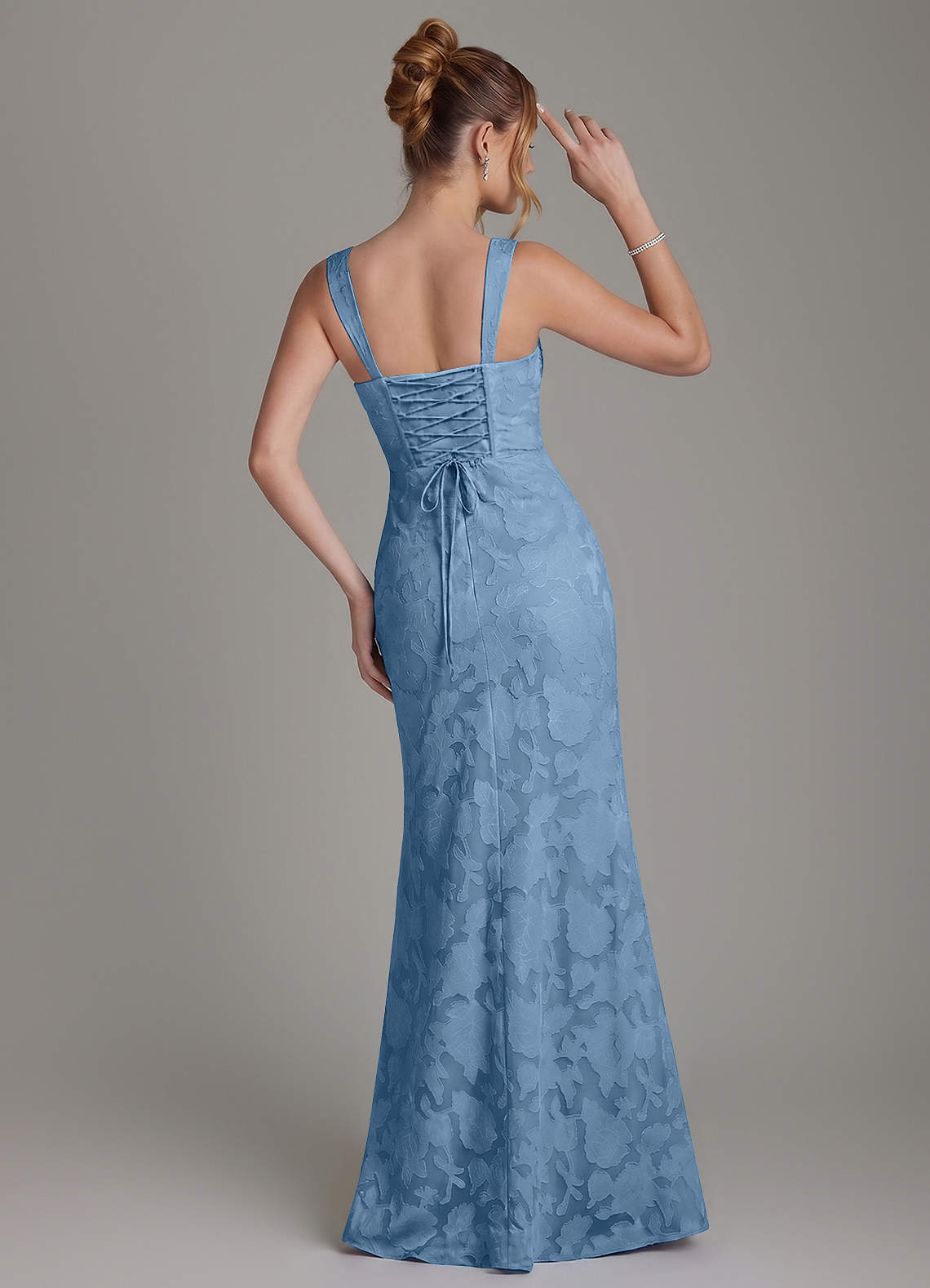 Azazie Agustina Bridesmaid Dresses Steel Blue Mermaid Corset Floral Burnout Dress image3