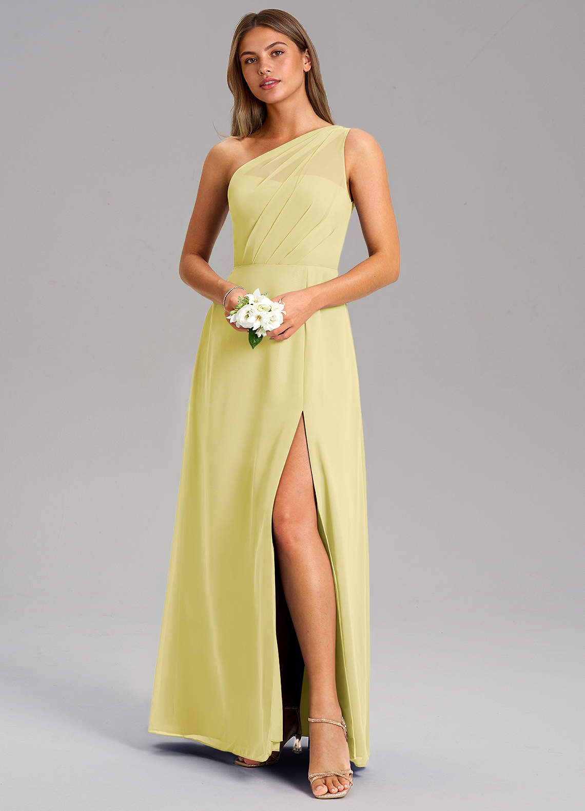 Azazie Phaedra Bridesmaid Dresses Lemon Sorbet A-Line One Shoulder Chiffon Dress image3