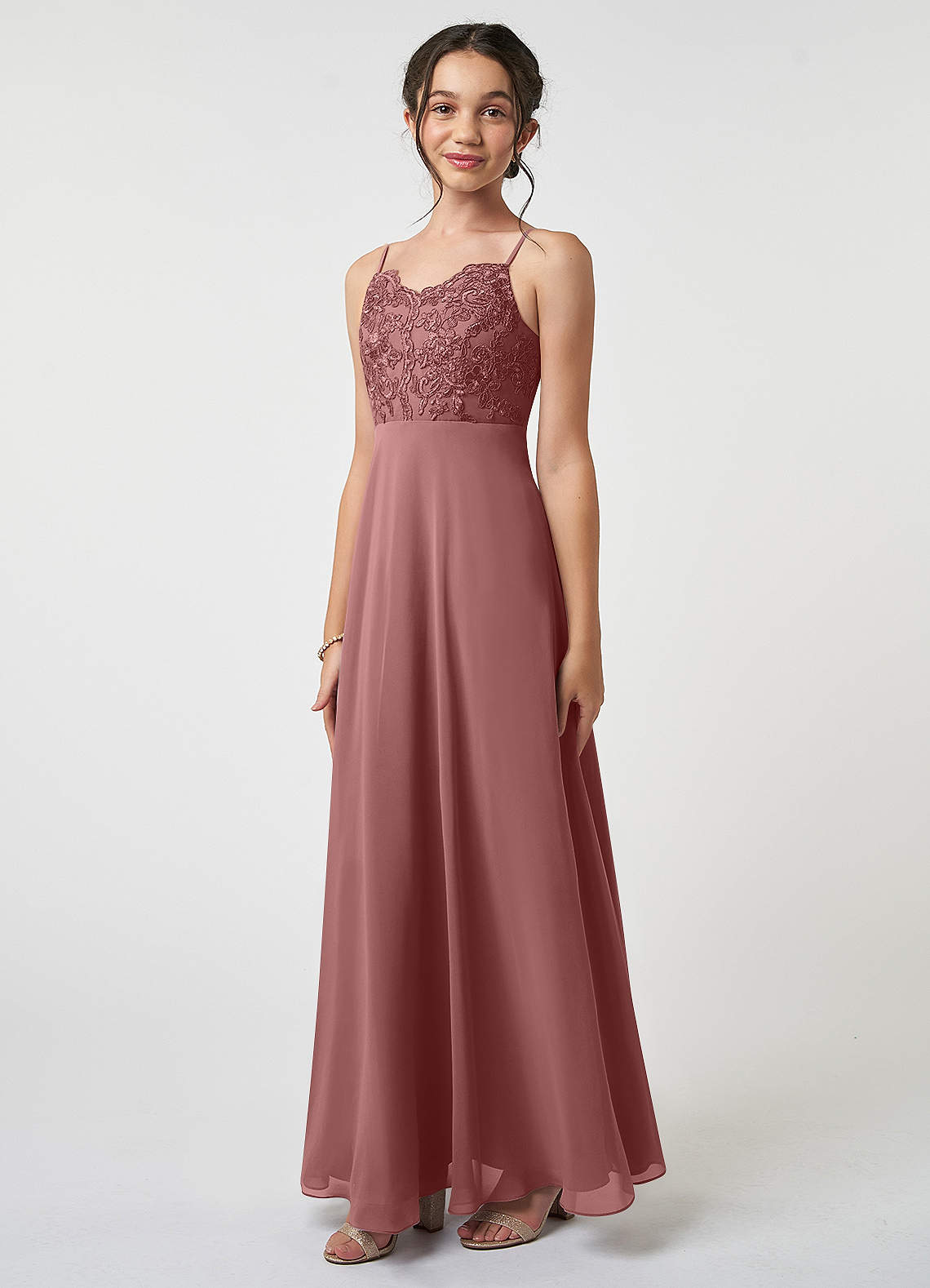 Azazie Sonya Junior Desert Rose A-Line Lace Chiffon Dress image1