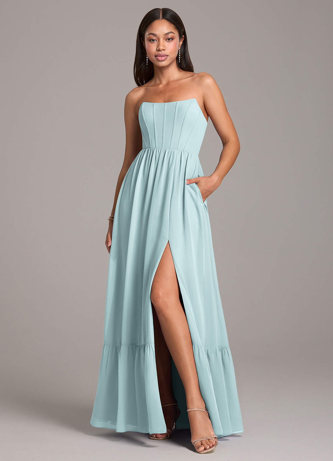 Azazie Kailee Brautjungfernkleider A-Linie mit Taschen Chiffon Kleid Nebel image1