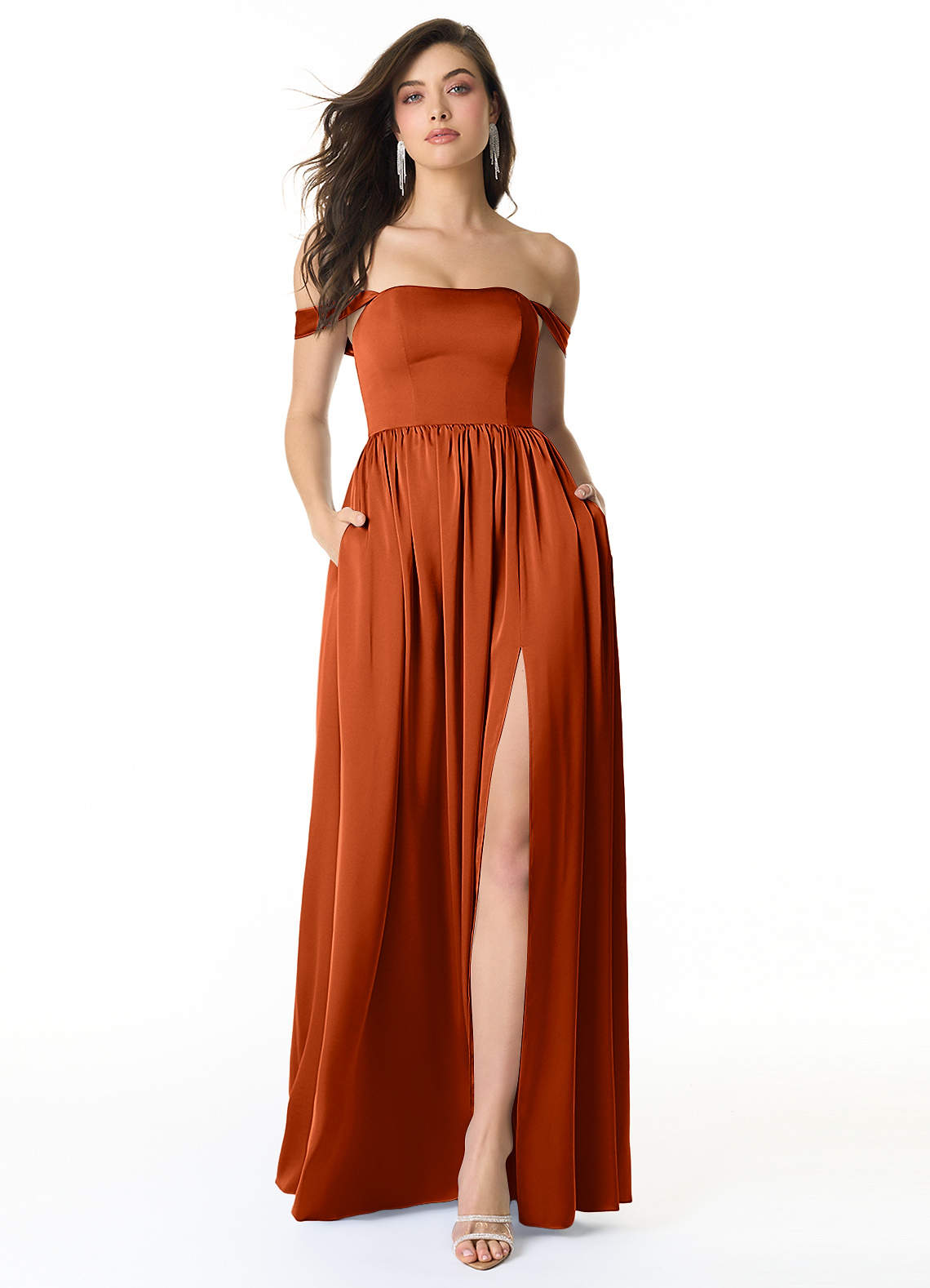Azazie Morana Bridesmaid Dresses Paprika A-Line Off the Shoulder Stretch Satin Convertible Dress image1