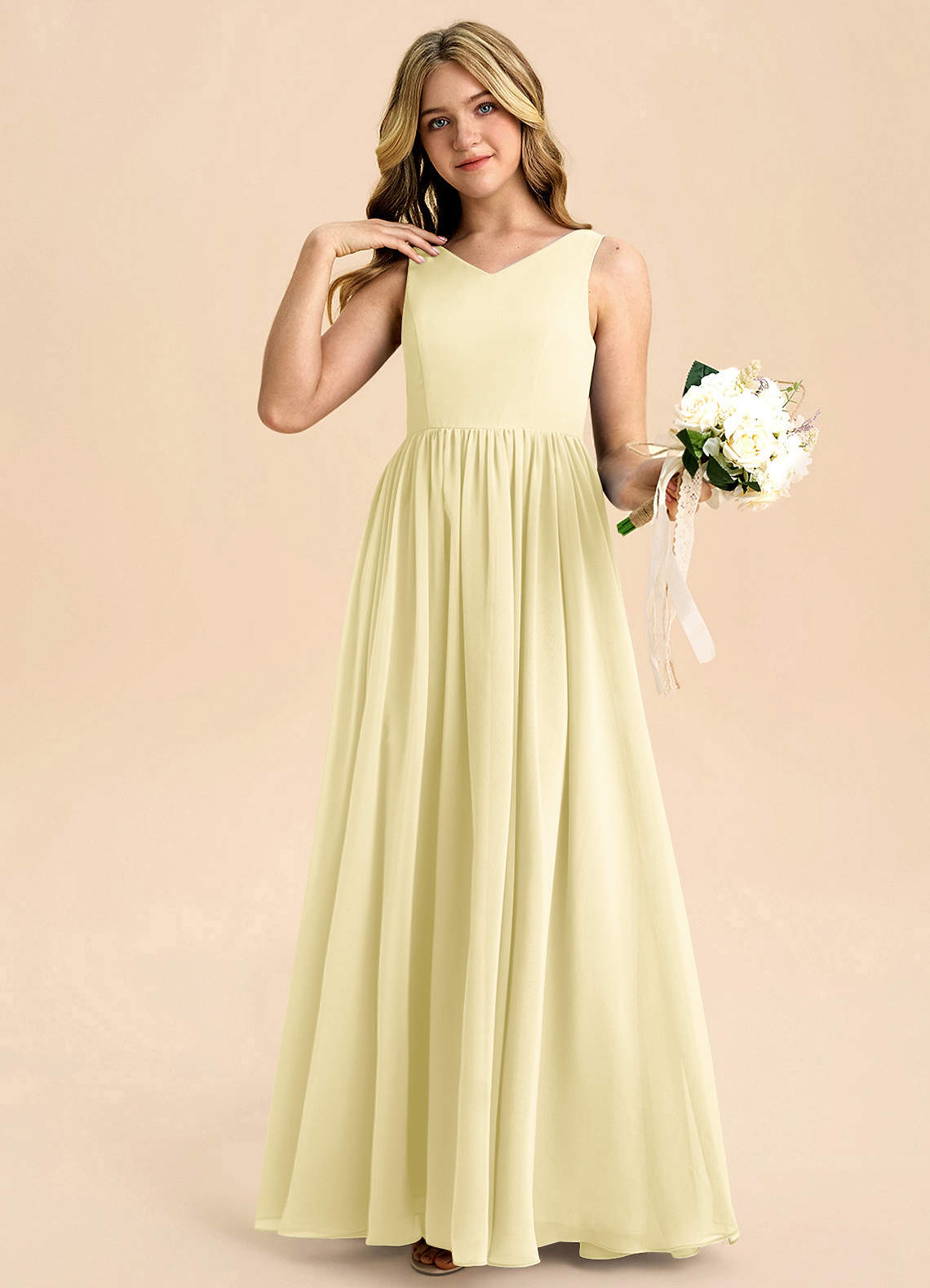 Azazie Hathaway Junior Lemon Sorbet A-Line Bow Chiffon Dress image4