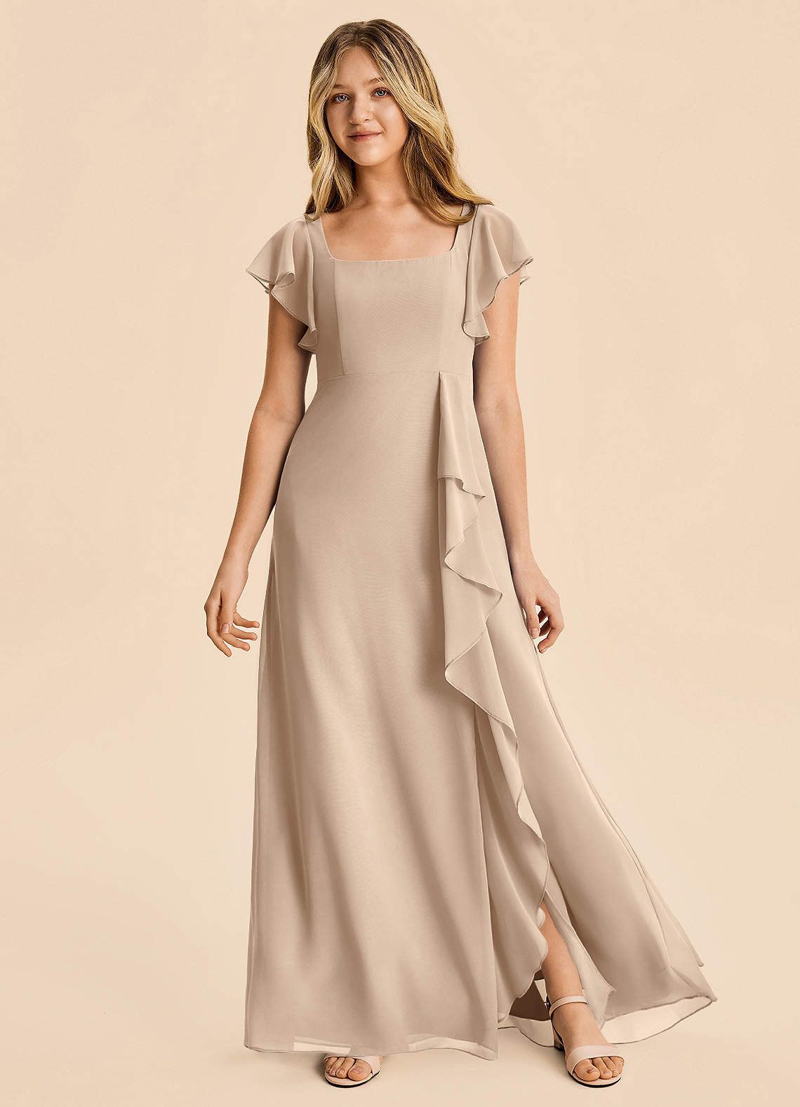 taupe junior bridesmaid dress A-Line Spaghetti Straps Ruffles Chiffon Junior Bridesmaid Dresses