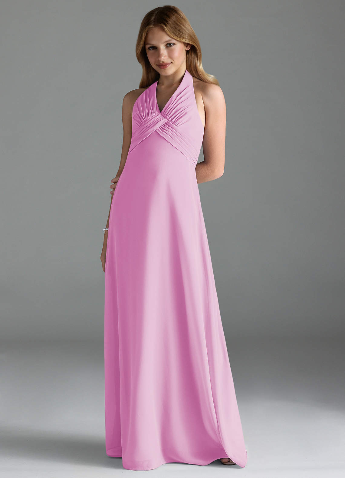 Azazie Tessie Junior Candy Pink A-Line Pleated Chiffon Dress image1