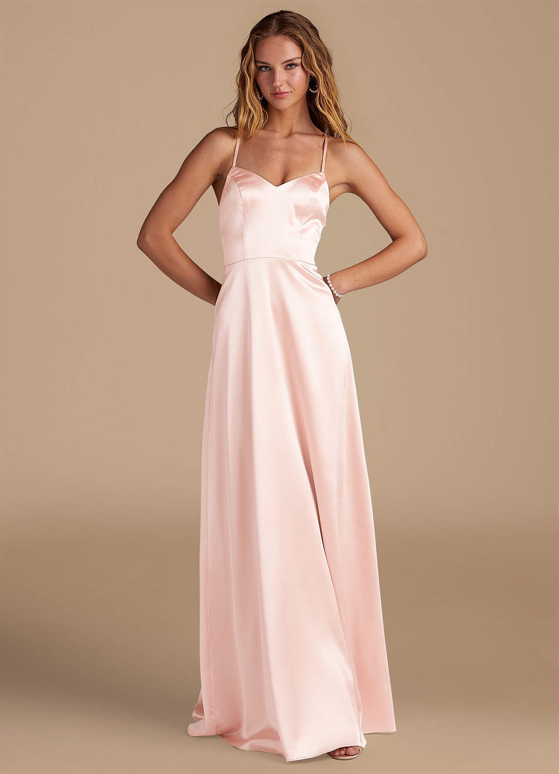 Azazie Mei Bridesmaid Dresses Rose Gold A-Line Metallic Satin Dress image1