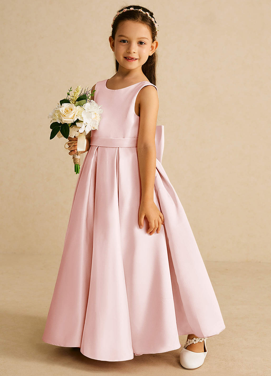 Azazie Pipsy Flower Girl Dresses Blushing Pink A-Line Bow Matte Satin Dress image1