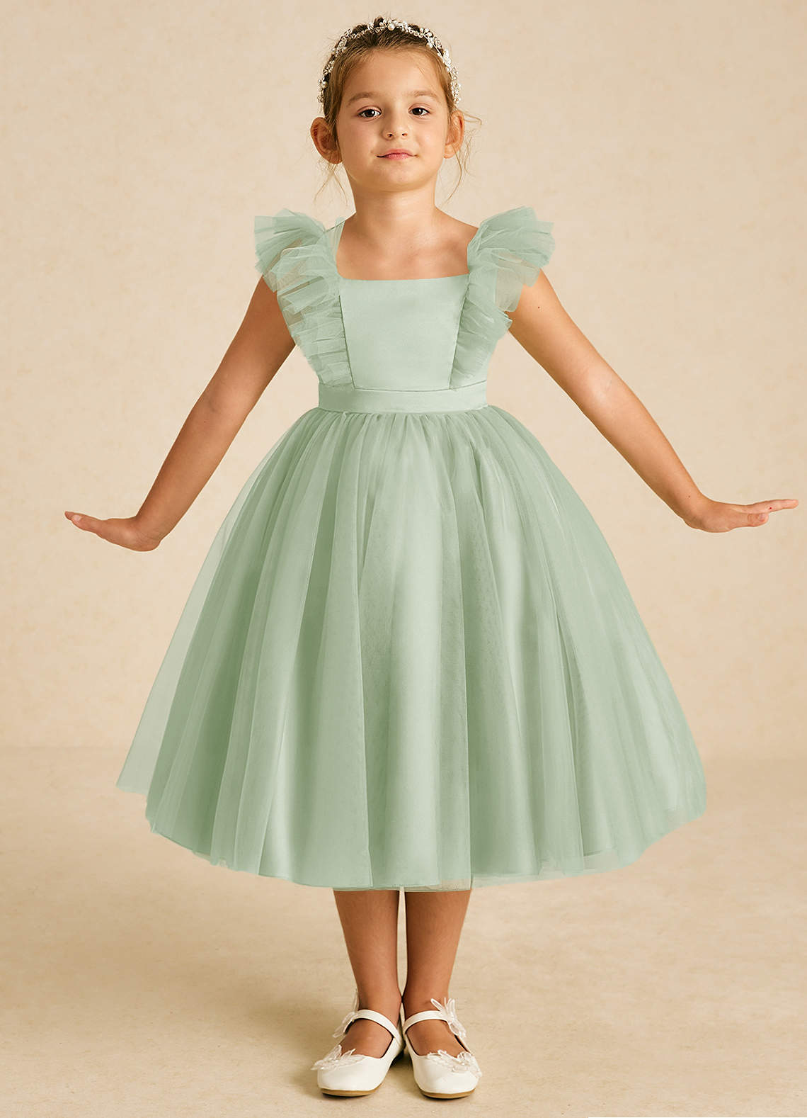 Azazie Cherub Blumenmädchenkleider A-Linie Riemen Tüll Kleid Staubiger Salbeigrün image1
