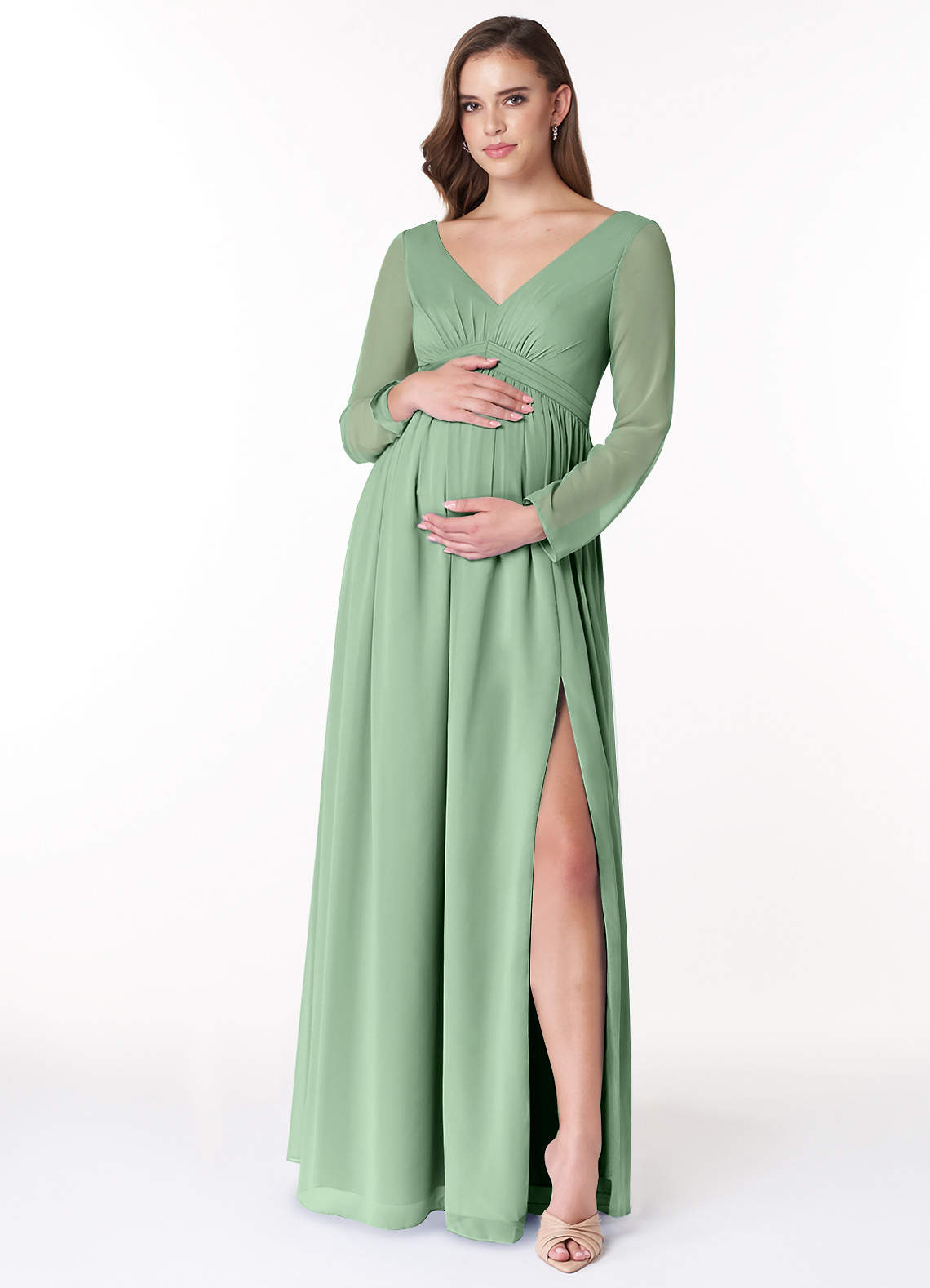 Azazie Teton vestidos de dama de honor de maternidad Vestido de Corte En A Manga larga Hasta el suelo Gasa image1
