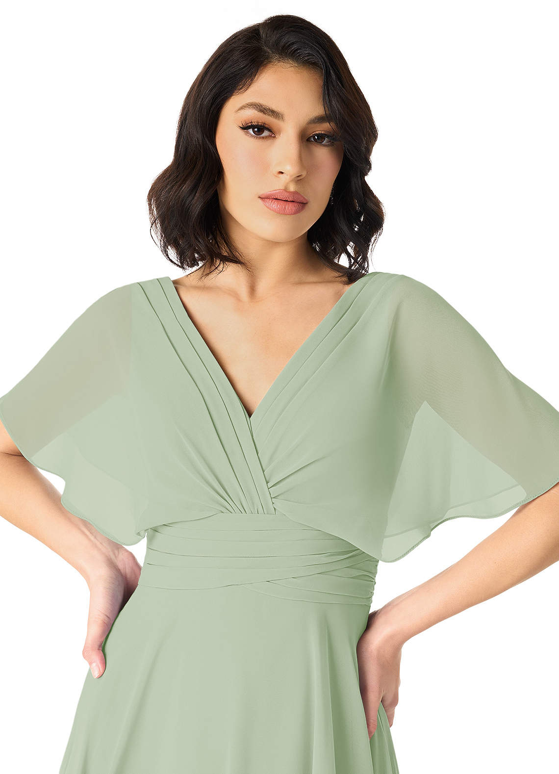 Azazie Pamela Bridesmaid Dresses Dusty Sage A-Line V-Neck Pleated Chiffon Dress image3